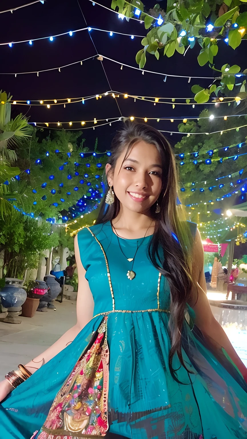 arafed woman in a blue dress standing in a courtyard, with glowing lights at night, indian girl with brown skin, blue colored traditional wear, at night time, with a beautifull smile, candid picture, profile pic, wearing a silk kurta, joyful look, wearing an elegant tribal outfit, very very low quality picture, taken with the best dlsr camera