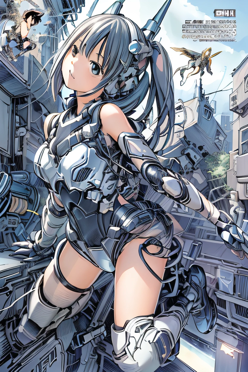 top-quality、masutepiece、Comics style、4K、comic strip、ighly detailed、A scene in which a girl in a cybersuit riding a flying mecha almost collides with a high school boy、Surprised face