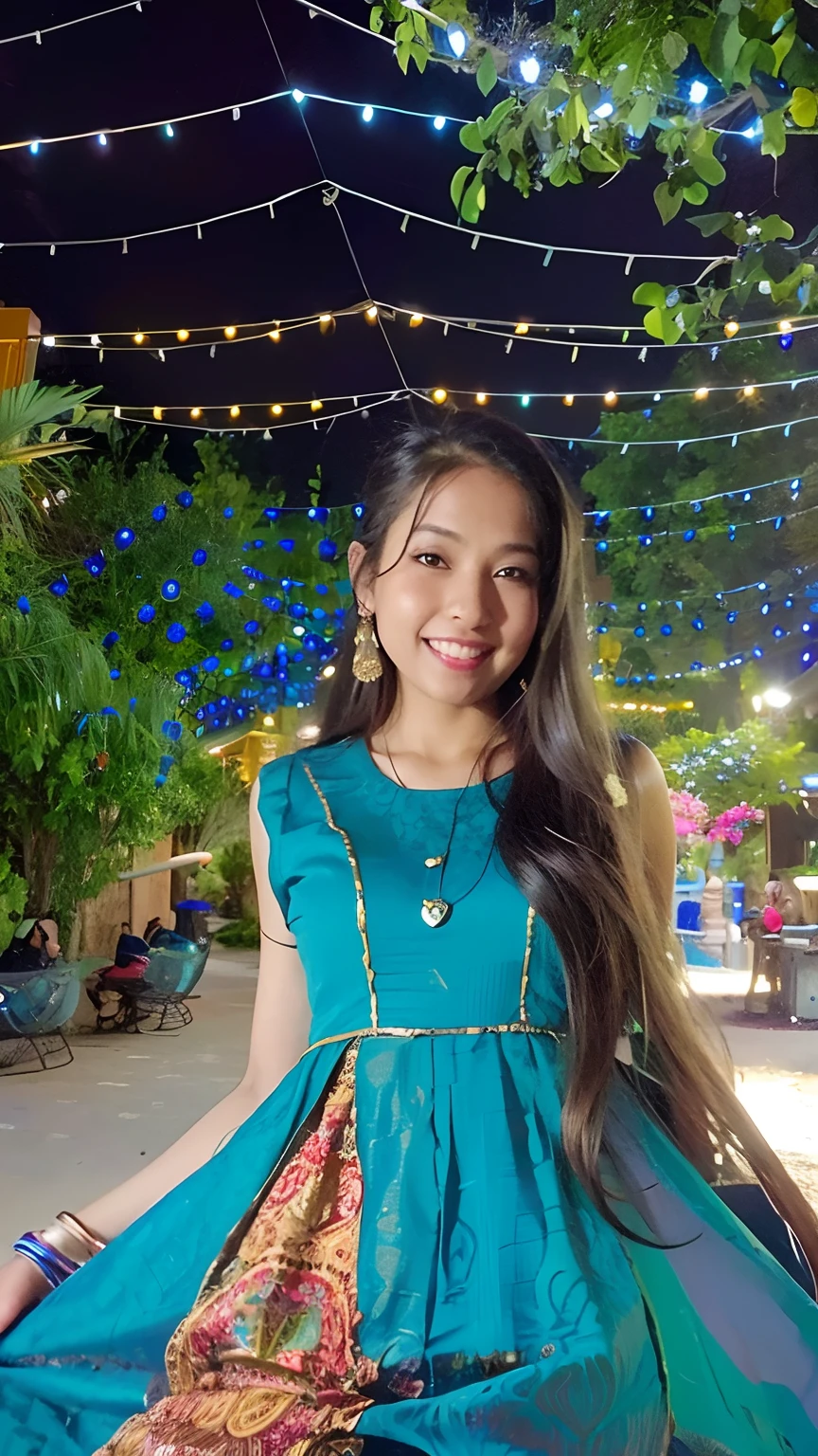 arafed woman in a blue dress standing in a courtyard, with glowing lights at night, indian girl with brown skin, blue colored traditional wear, at night time, with a beautifull smile, candid picture, profile pic, wearing a silk kurta, joyful look, wearing an elegant tribal outfit, very very low quality picture, taken with the best dlsr camera