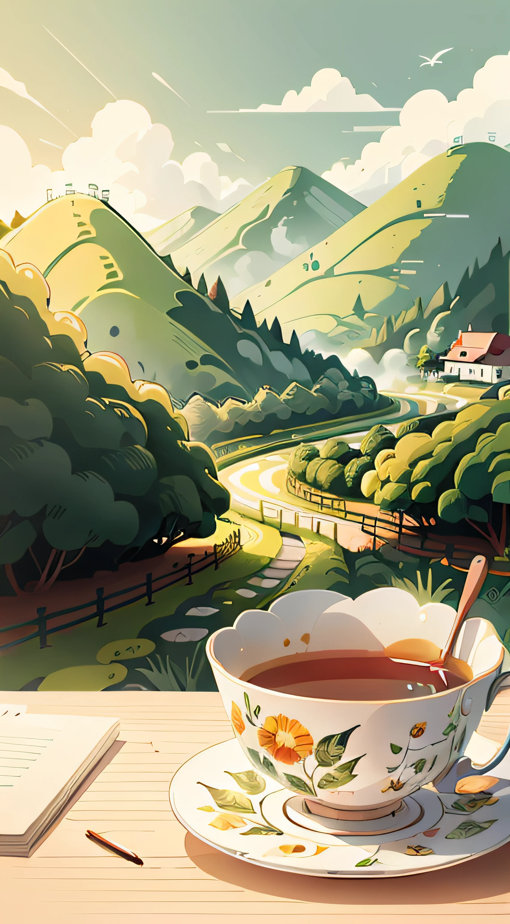Summer|Wallpaper illustration,Nature views, Minimalist illustration, Line illustration, Colorful,tea plantation,tea plantation