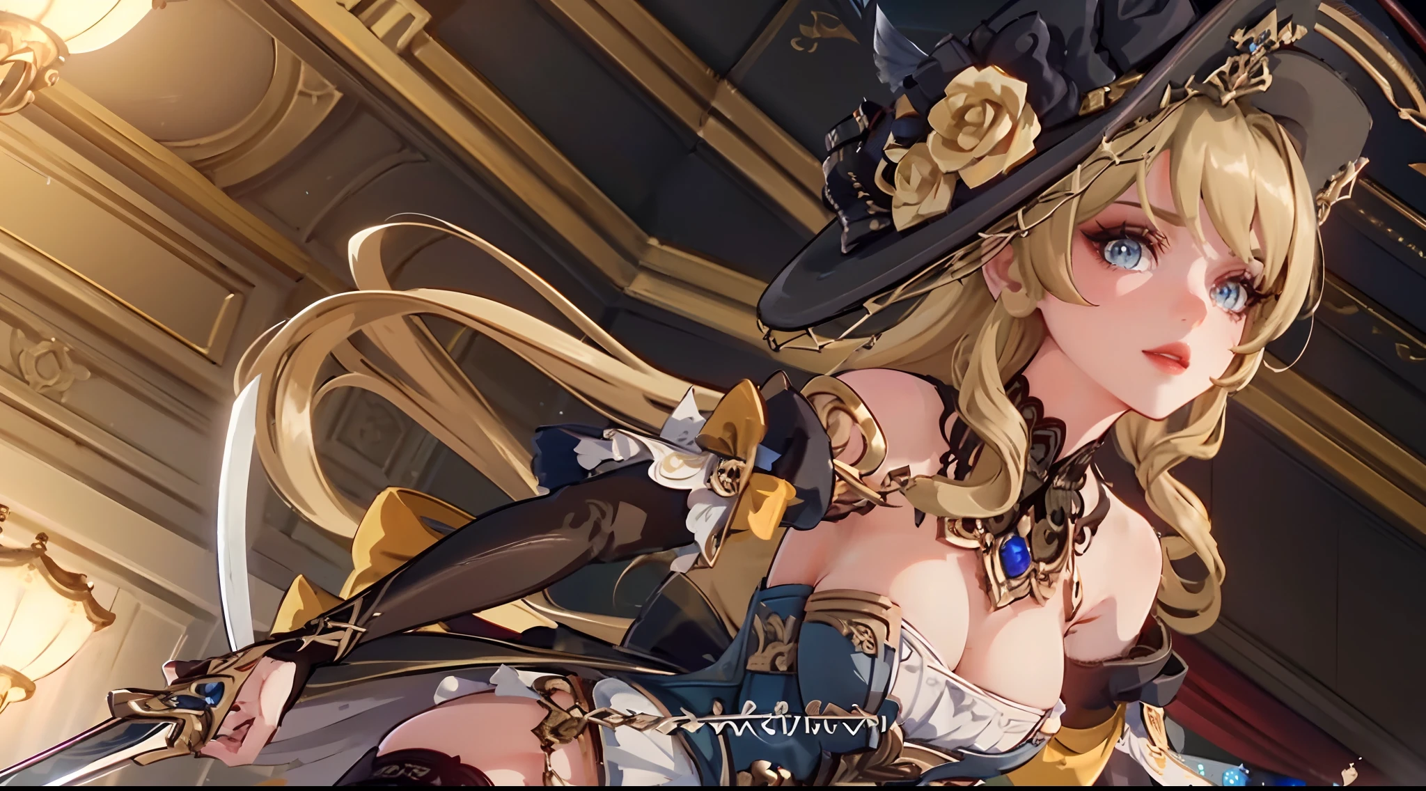 masterpiece,high quality,emotional impact,best shadow,cinemetic shot,perfect lighting,(bright),Navia \(genshin impact\), 1 (mature) female,(holding a sword,looking at viewer:1.3),long hair, embroided hat, solo, bow, black bow, blonde hair, hat feather, hair bow, feathers,long dress, black gloves, ((blue jewel headdress on the left)),sapphire \(gemstone\),thighhighs, jewelry, bare shoulders, corset, bow lace cuff, gold rudder shape decoration at the waist,four-point star in eyes, dark red lipstick and eyeshadow,armor