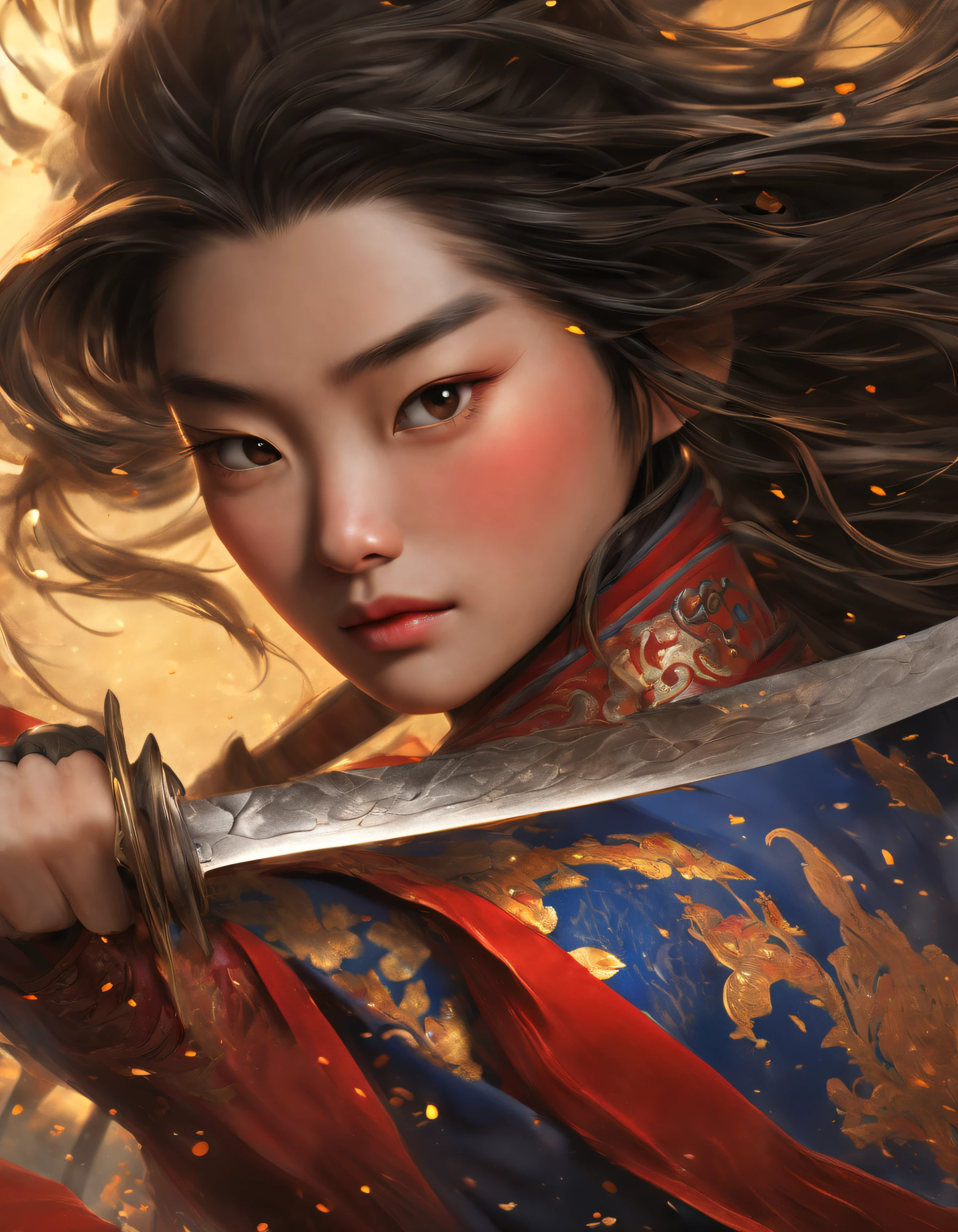 3D rendering of (Close-up of Mulan holding a sword), （Very long big sword），（sword：1.2），The upper body wears dark blue armor made of fish scales and iron， The armor was also inlaid with golden stars，floral embroidery，Cloak decorated in black and gold， Very long hair, Ebony hair, Big black eyes, Long eyelashes, Sexy red lips, Resolute expression, disney movie《Mulan》, Martial arts, Kungfu, Chinese exquisite clothing, Wield your sword，Cut through the clouds, As estrelas，embroidery
background: (blood spatter：1.37），（Red Phoenix: 1.1）, Dusty,,{{Masterpiece}}, {{{Best quality}}},{{Ultra-detailed}}, {{illustration}},{{Disheveled hair}},{{Masterpiece}},{{{Best quality}}},{{Ultra-detailed}}, {{{illustration}}},{{Disheveled hair}},Clear facial features,close up photograph,,Alphonse Mucha,Pixar style,Cartoon style,beatrix potter  ,Refined atmosphere,Intense atmosphere, microscopic view,Close-up(CU),Extreme closeup,back Lighting,