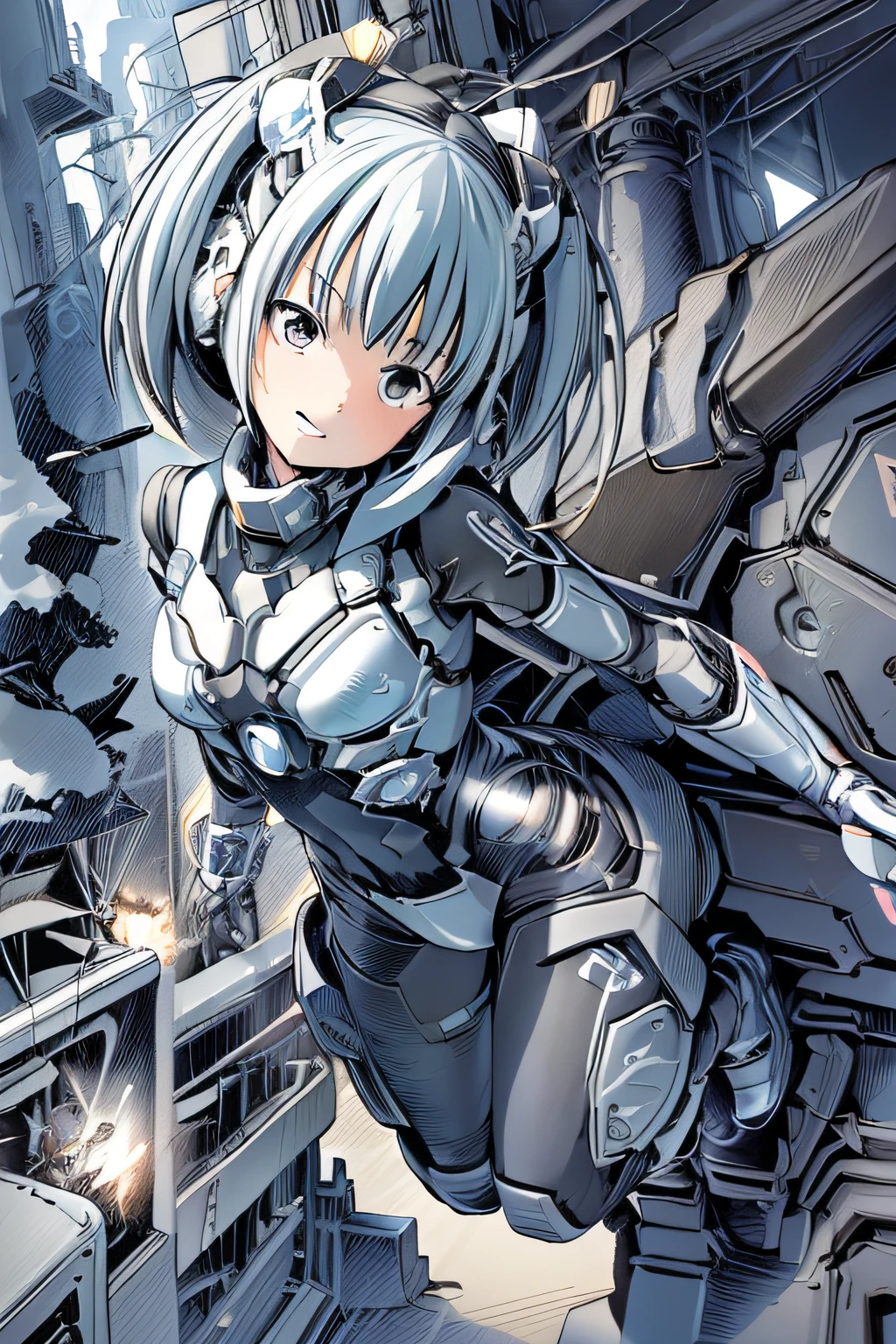 top-quality、masutepiece、Comics style、4K、comic strip、ighly detailed、A scene in which a girl in a cybersuit riding a flying mecha almost collides with a high school boy、Surprised face
