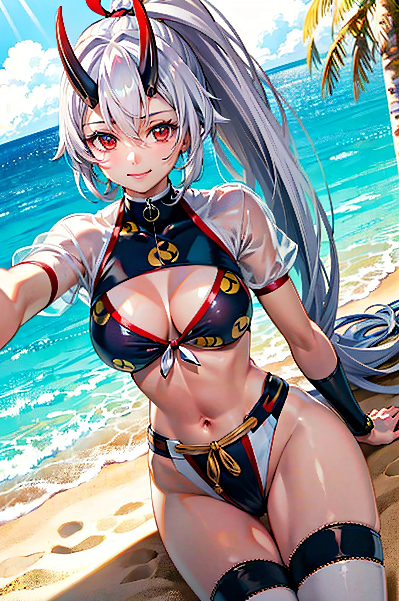 Masterpiece, S3rd, 3rdSwimwear, 1girl, (mature female: 1.4), solo, smile, horns, looking at viewer, white hair, sitting, ponytail, dynamic pose, sand, shore, (palm tree: 1.3), beach, sunbeams, cowboy shot, dynamic angle, game cg