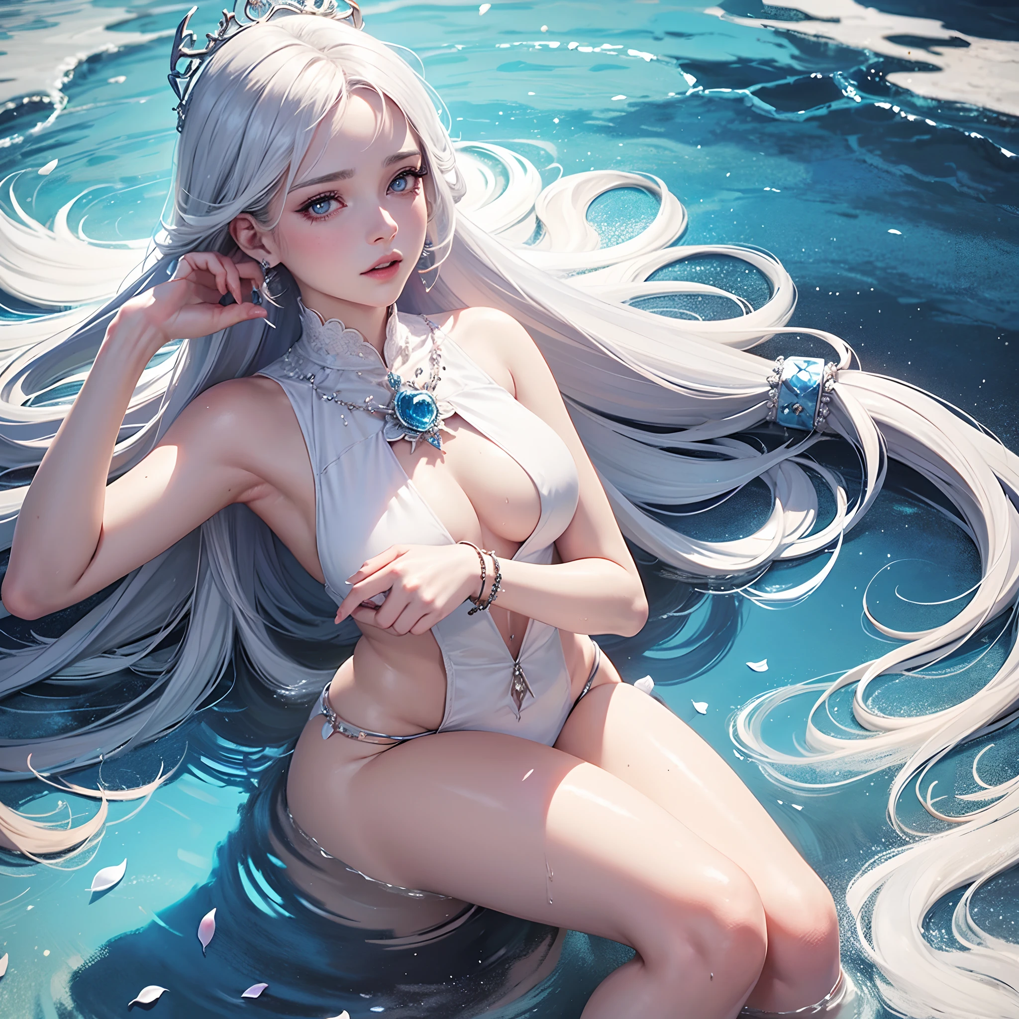 oil painting and CG rendering fairy portrait, Tema azul, A woman with long white hair, curly, wearing a sleeveless shirt with a crown of falling rose petals, jewely, perla_(piedra preciosa), Pendientes, brazalete, ojos gris oscuro, lashes, Cerezo, cana, labios rojos, boca cerrada, labios separados, Anime detallado Soft Face, pale snow white skin, gotas de agua, hombros expuestos, cuerpo completo, mojada, cadena, Naturaleza, Levantar la mano, viento, Antecedentes grandiosos.Una pintura detallada, por mi qi, Pixiv, Super High Detail Image, helado, Diosa joven, Cara detallada, naked, wet, obscene posed, tentative, sexy, lust, angel, pussy is really visible, red and swollen pussy, masturbating with two fingers