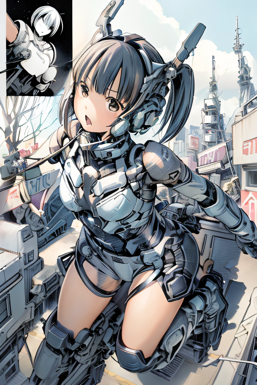 top-quality、masutepiece、Comics style、4K、comic strip、ighly detailed、A scene in which a girl in a cybersuit riding a flying mecha almost collides with a high school boy、Surprised face