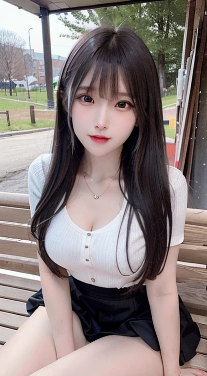 bright expression、photorealisim、top-quality、超A high resolution、a picture、Photos of the most beautiful Nordic girls、Detailed cute and beautiful face、a small face、(pureerosface_v1:0.008)、Beautiful bangs、alice in the wonderland、15yo student、(thighs thighs thighs thighs:1.2)、full body Esbian、Glowing white shiny skin、a small face、Bangs that extend to the face、bangss、Hair between the eyes、Silky hair of attractive black color、finer hair、 Clear light blue eyes look attractive、(winter school uniform:1.2)、(pleatedskirt:1.2)、eye liner、a park、Sitting on a bench、Double eyelids、ample breasts、Dynamic Pose