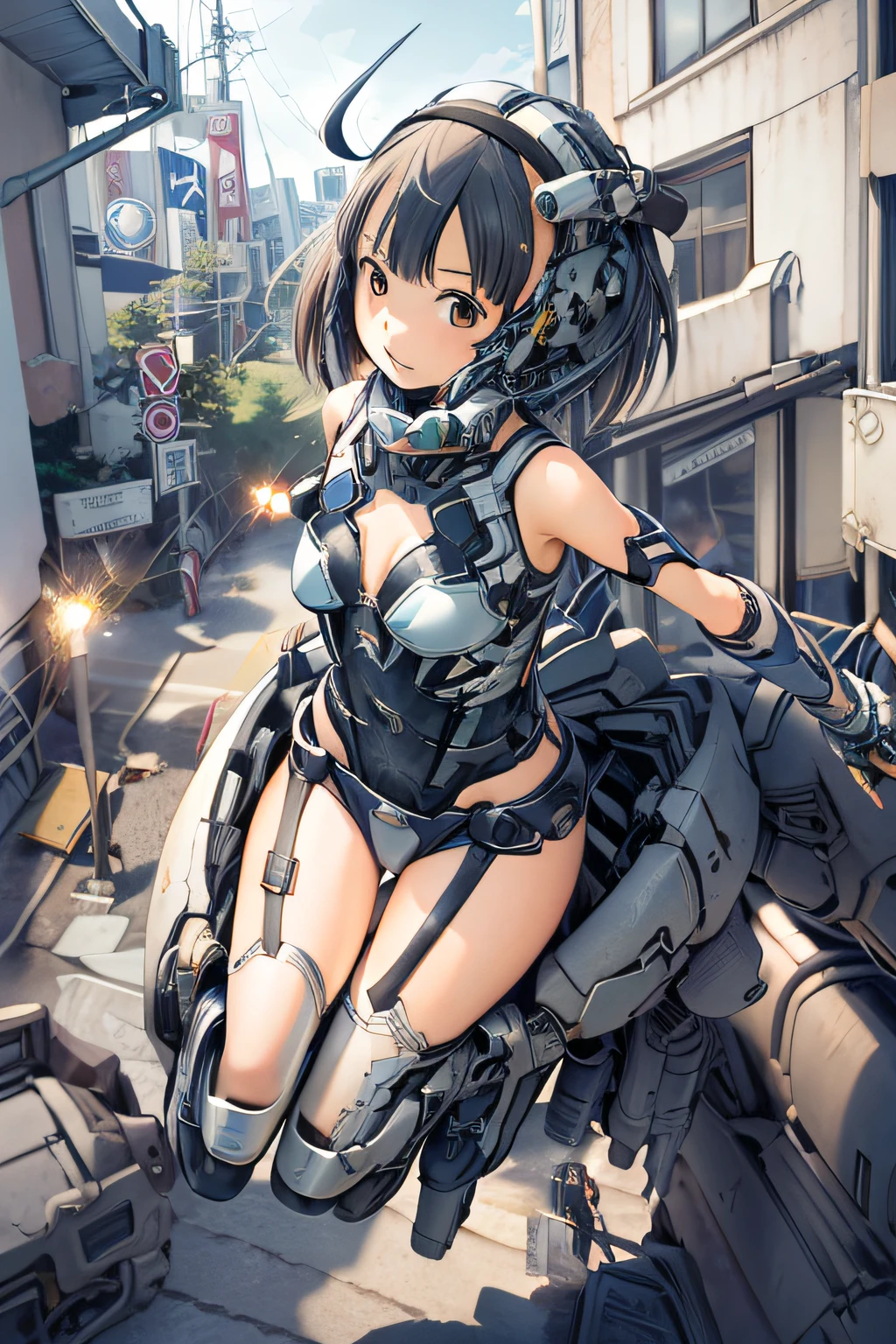 top-quality、masutepiece、4K、ighly detailed、A scene in which a girl in a cybersuit riding a flying mecha almost collides with a high school boy