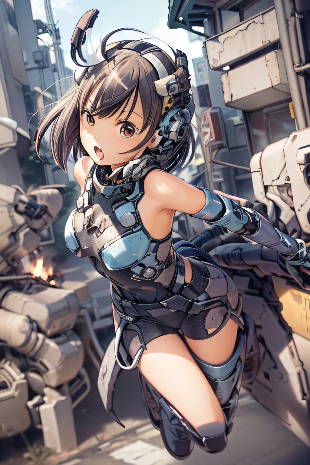 top-quality、masutepiece、4K、ighly detailed、A scene in which a girl in a cybersuit riding a flying mecha almost collides with a high school boy