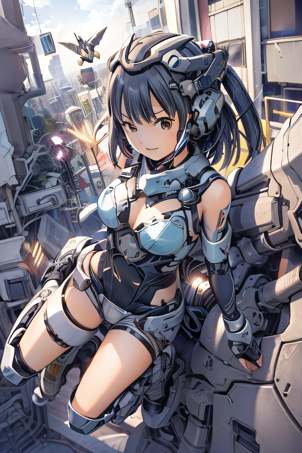 top-quality、masutepiece、4K、ighly detailed、A scene in which a girl in a cybersuit riding a flying mecha almost collides with a high school boy