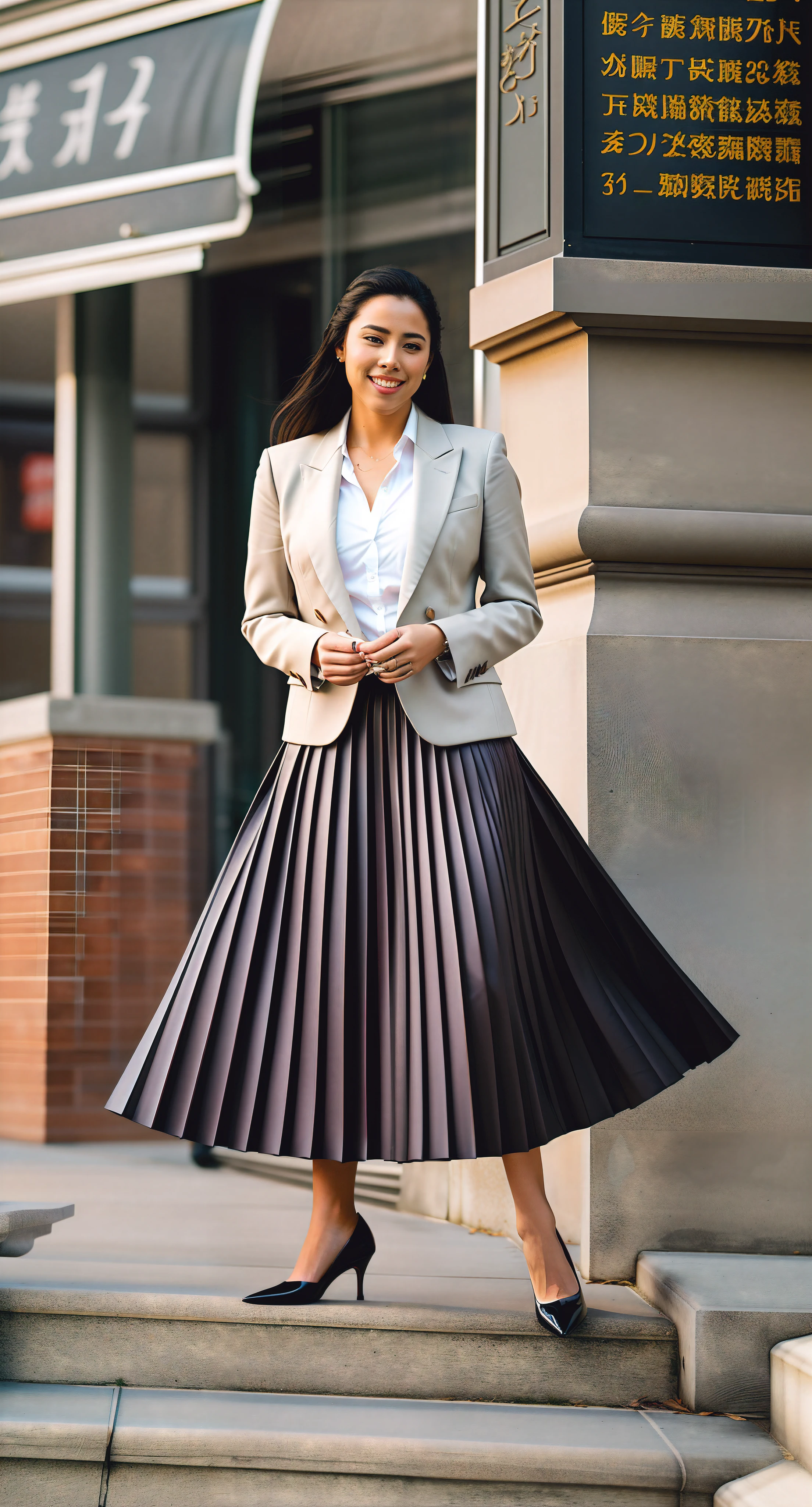very (seductive:1,9) smiling attractive lesbian woman wearing short blazer and very very detailed (long (fully pleated) full circle skirt) and (simple) low heeled office shoes, very very intricate hyper-detailed symmetric (attractive graceful young feminine face) with (sad, tired eyes and a shy smile), large breasts, full of empathy and compassion and love, (pronounced (feminine) features), (highly detailed ultra accurate realistic) hands and fingers, (windy conditions and wind blowing), epic composition, highly detailed attributes, highly detailed atmosphere, (35mm f1.4 Kodak portra 400 photograph), extremely high quality RAW photograph,
