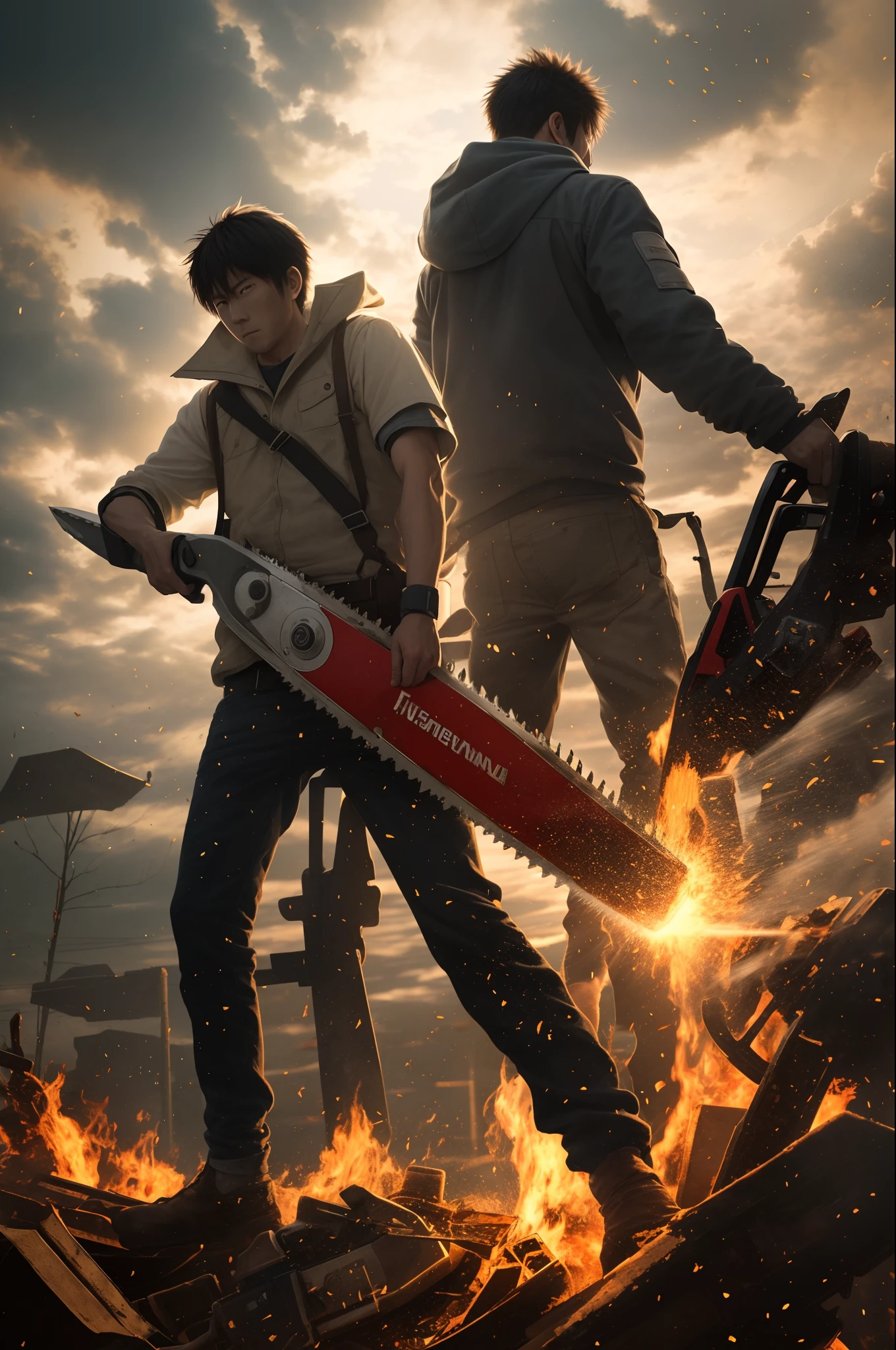 1 adult with white-haired knife, 1 adult with axe with curly black hair, fighting, duel, swerving, angry, 2 2 years, backpack, realistic epic, photo, faded, complex things around, forest background, soaked, neutral colors, (((((hdr)))), ((((soft colors)))), intricate scene, artistic station, intricate details, vignette, only two weapons, action scene, rivalry