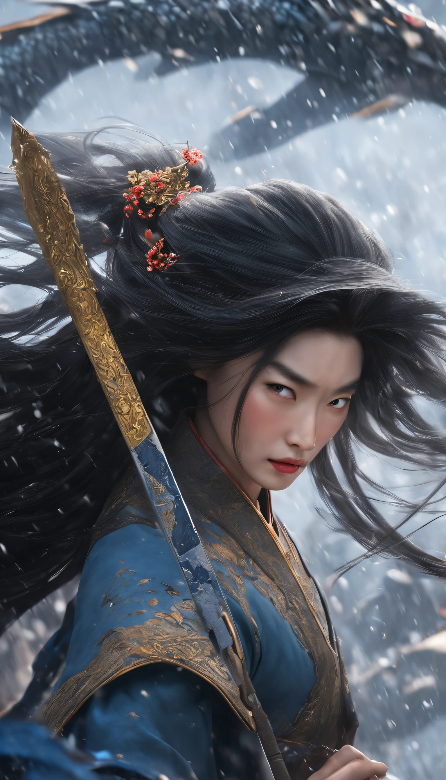 3D rendering of (Close-up of Mulan holding a sword), （Very long big sword），（With a sword），The upper body wears dark blue armor made of fish scales and iron， The armor was also inlaid with golden stars，floral embroidery，Cloak decorated in black and gold， Very long hair, Ebony hair, Big black eyes, Long eyelashes, Sexy red lips, Resolute expression, disney movie《Mulan》, Martial arts, Kungfu, Chinese exquisite clothing, Wield your sword，Cut through the clouds, As estrelas，embroidery
background: It was snowing heavily，It was snowing heavily，It was snowing heavily，It was snowing heavily, Dusty
{{Masterpiece}}, {{{Best quality}}},{{Ultra-detailed}}, {{illustration}},{{Disheveled hair}},{{Masterpiece}},{{{Best quality}}},{{Ultra-detailed}}, {{{illustration}}},{{Disheveled hair}},Clear facial features,close up photograph,,Alphonse Mucha,Pixar style,Cartoon style,beatrix potter  ,Refined atmosphere,Intense atmosphere, microscopic view,Close-up(CU),Extreme closeup,back Lighting,