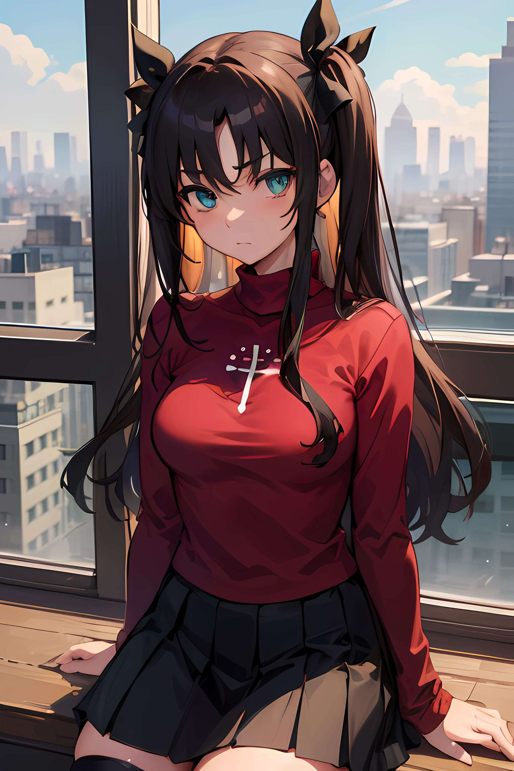 (masterpiece), best quality, expressive eyes, perfect face, 1girl, solo, rintohsaka, rin tohsaka, aqua eyes, black hair, hair ribbon, long hair, ribbon, sidelocks, two side up, black skirt, black thighhighs, long sleeves, miniskirt, pleated skirt, ((red sweater)), skirt, sweater, thighhighs, turtleneck, city background, sitting, character sheet, upper body, portrait, looking at viewer