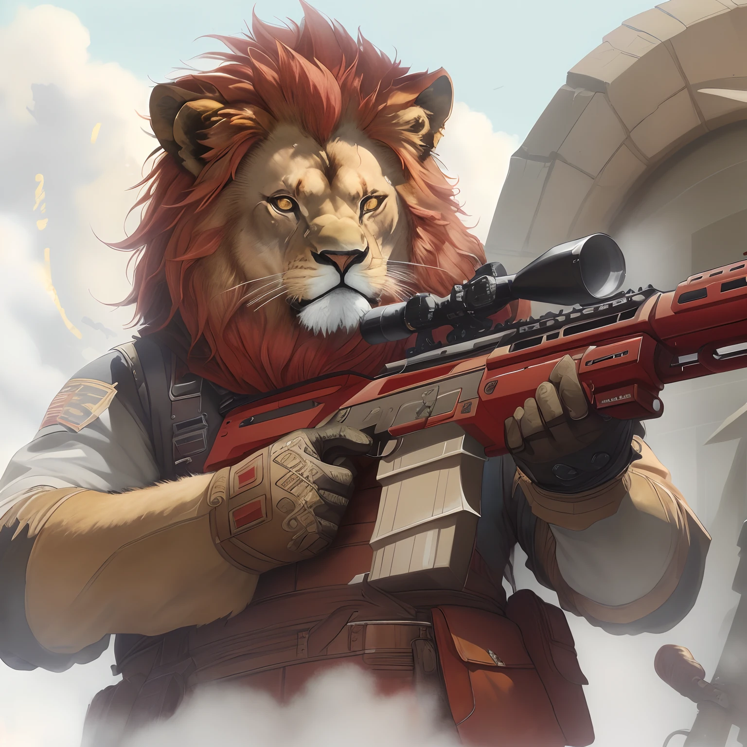 真实感, Realism, Clear image of exterior details, Painting by Jean-Baptiste Monge depicting a large adult lion, Bright red mane, Evil Look, dressed in military uniform, hat on his head, In the hands of a weapon, stands on a ledge, , jean - baptiste monge, anthropomorphic --ar 2:3 --testp -optimistic;