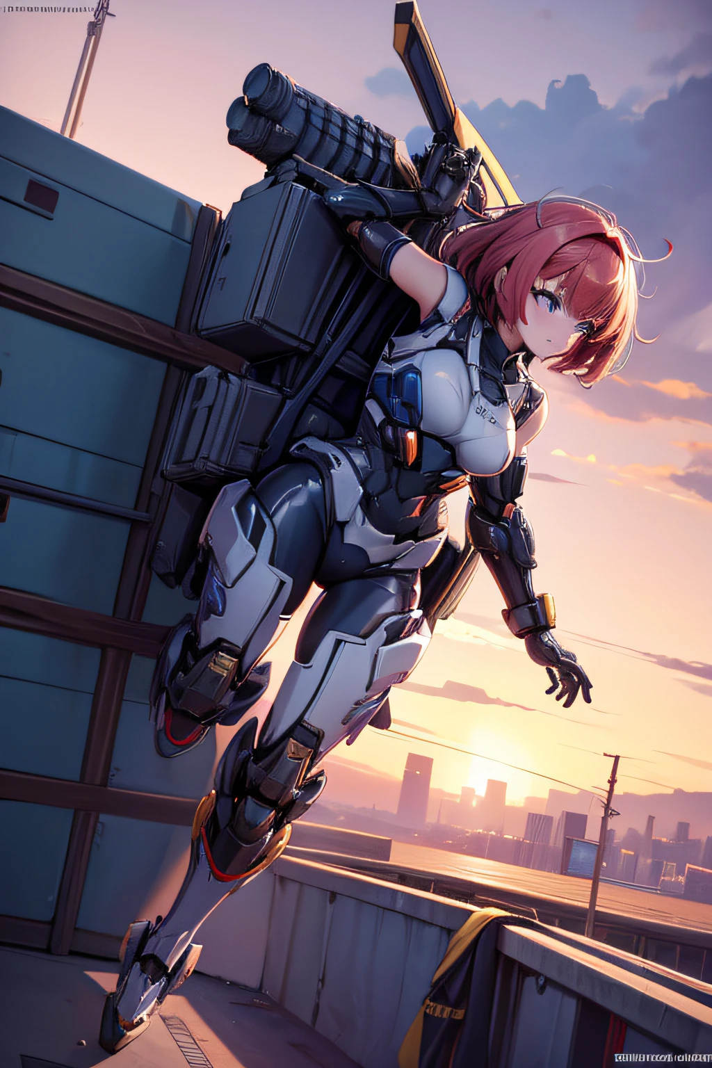 top-quality、masutepiece、4K、ighly detailed、A scene in which a girl in a cybersuit riding a flying mecha almost collides with a high school boy