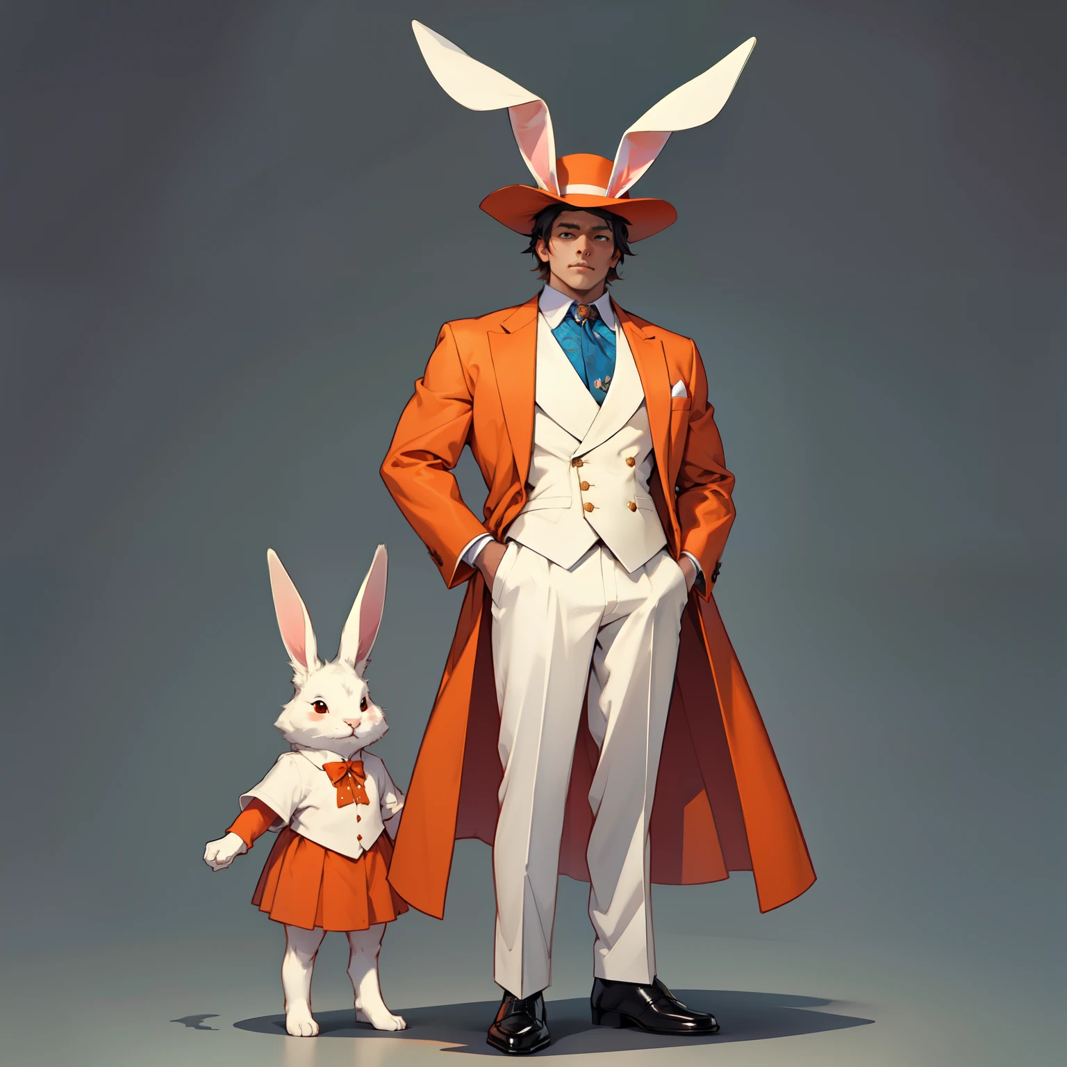 orange rabbit in formal clothing, rabbit ears poking through the hat, animal, standing upright, mystical, whimsical, simple background