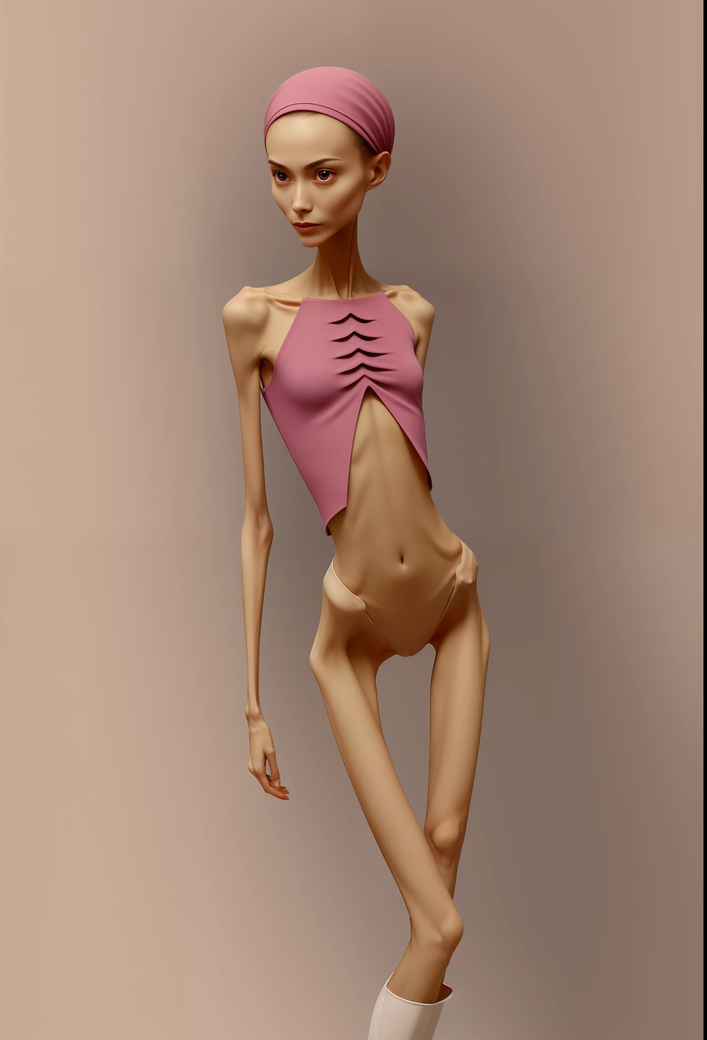 Emaciated body and hungry stomach，Very slim waist and legs，Thin figure，Sunken abdomen