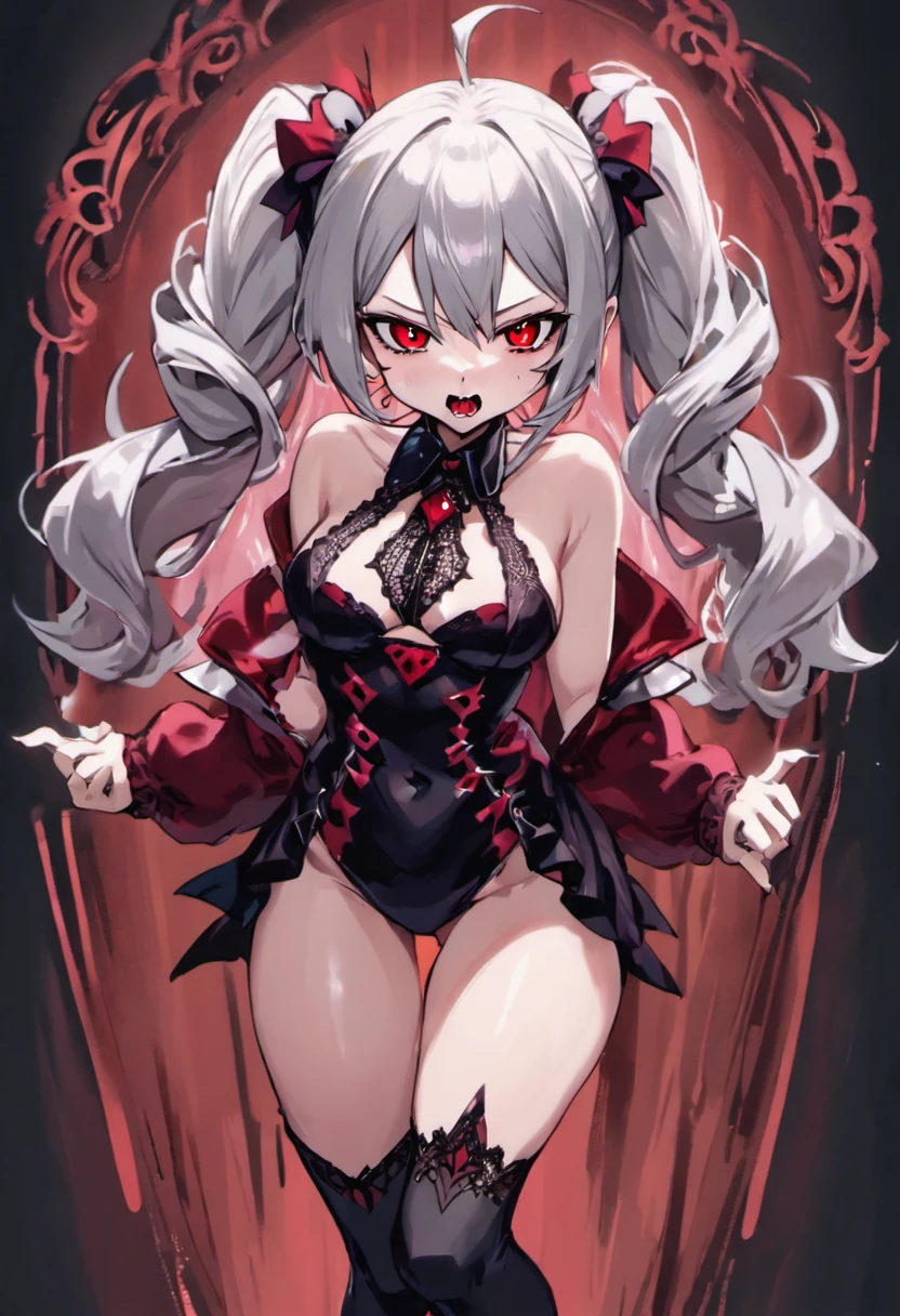 (Silver hair: 1.3), (Twin tails), (Red eyes: 1.3), (Vampire fangs: 1.3), (Very cute and beautiful naughty girl: 1.3), Gorgeous and detailed background, HENTAI illustrations, A devilish beautiful girl, overwhelmingly erotic,
BREAK,
Beautiful illustrations, highest quality, (cute female student: 1.3, white: 1.3), masterpiece, (glossy skin, shiny skin, shiny skin, bright eyes) ((blush)),
BREAK,
(Red eyes: 1.5, White skin: 1.1), (Beautiful, : 1.5), Slim, Slender, (Small breasts), (Beautiful face: 1.3), (Ash hair: 1.3) ), (White hair: 1.3) , (Silver hair: 1.3),
BREAK,
(Elegant black full lace gothic dress), (Latex corset), (Black latex stockings), (Knee high, stilettos over boots), (Very detailed clothes),
BREAK,
(Pose that emphasizes buttocks: 1.4), Temptation, Extremely lewd girl, Bitch, JIRAIKEI, Beautiful thighs, (Provocative expression), (Viewer: 1.3), (Immorality: 1.5), (NSFW), Fantasy, Glossy skin, mid-journey, anime, butt focus,
Arms behind, arms above head, beautiful thighs, (provocative expression), (looking straight at the viewer), (viewer: 1.3), (upper body: 1.3), angle from above, Simple black background, (((immoral:1.5))), (SFW), fantasy
