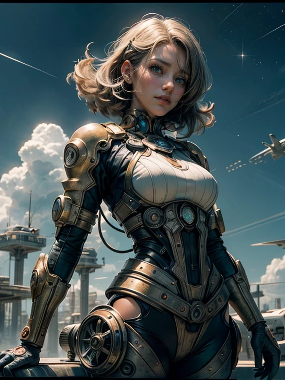 During the war,Ground War Frontline,Ferocious attack and defense,arm,mournful smile,Enchanting light,18year old,claw pose ,The head is human,a blond,Mechanized Girl,huge-breasted,Navel,Full body,From below,masutepiece, High Definition,perfect-composition, Perfect face, Perfect body, Golden ratio, 8K,