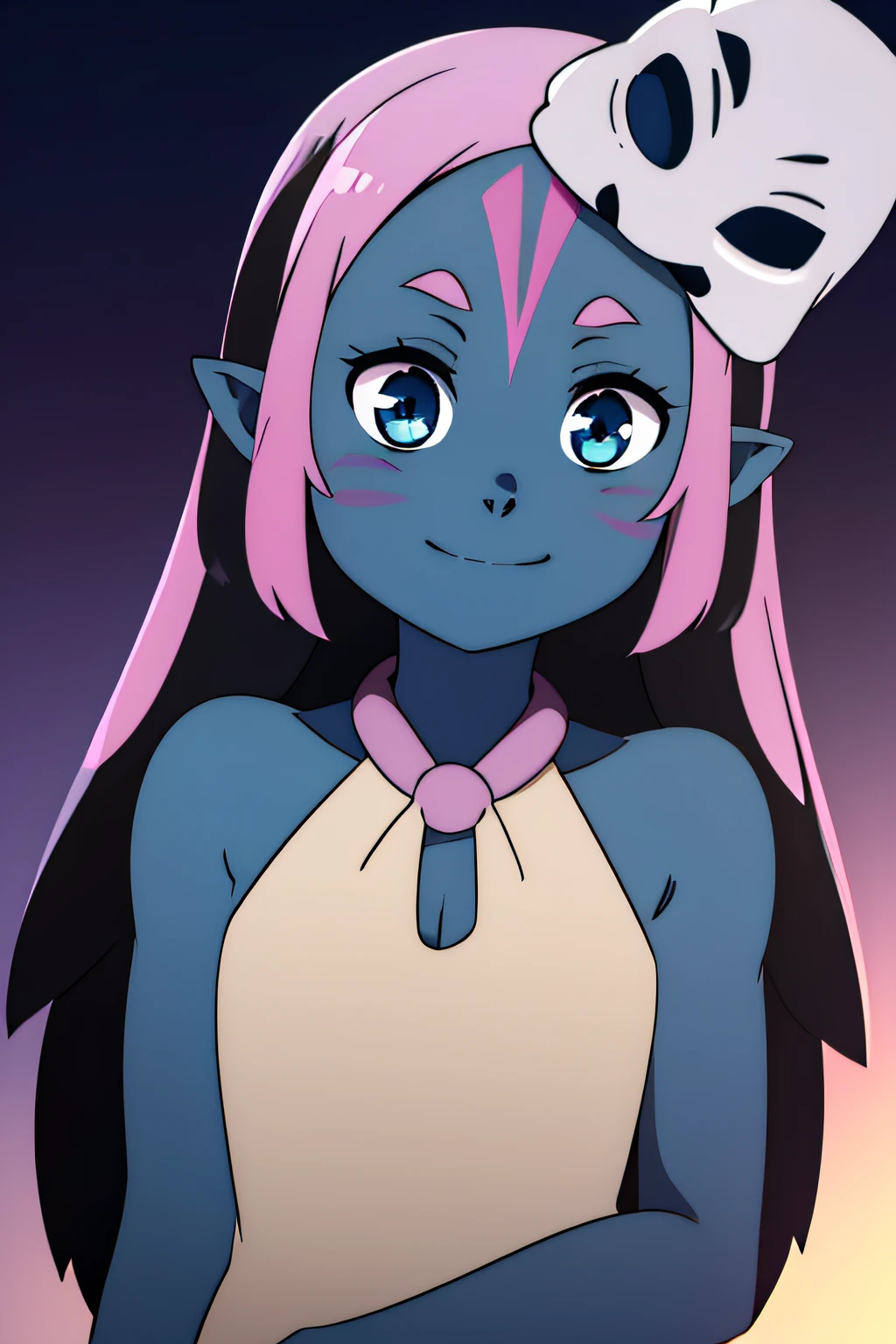 Coqueline, blue eyes, blue skin, pink hair, forehead mark,pointy ears, black hair, two tone hair,long hair, barefoot, mask on head,mask, short beige dress, sleeveless, bare shoulders, halterneck, skull, 1girl, solo, facing viewer, looking at viewer, upper body, smile,