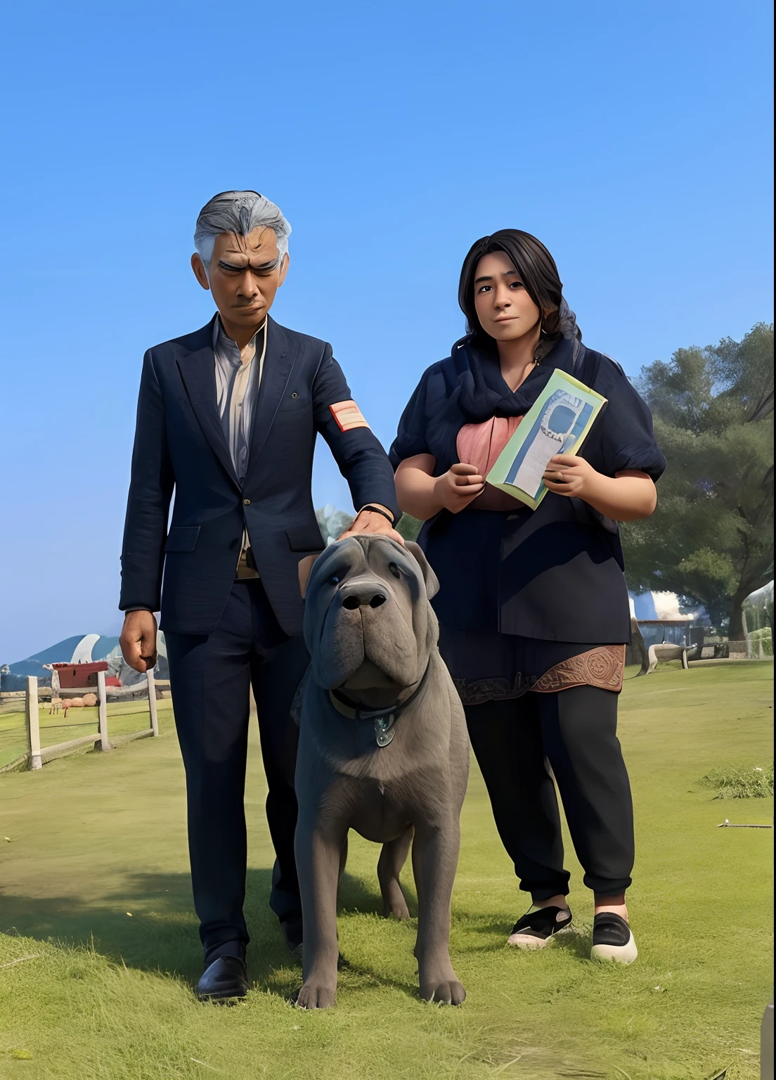oriental man and woman old next to a Neapolitan mastiff