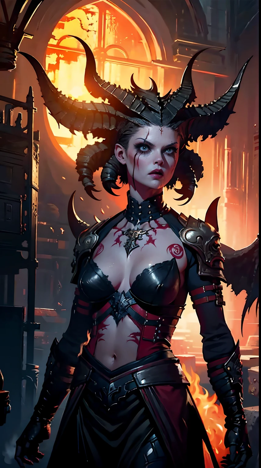 Lilith inside a church, fire, lightning, blood, full body, in the style of D14bl0, (best quality, 4k, 8k, highres, masterpiece:1.2), ultra-detailed, (realistic, photorealistic, photo-realistic:1.37), HDR, UHD, studio lighting, ultra-fine painting, sharp focus, physically-based rendering, extreme detail description, professional, vivid colors, bokeh, portraits, landscape, horror, anime, sci-fi, photography, concept artists, vibrant colors, warm color tone, dramatic lighting.