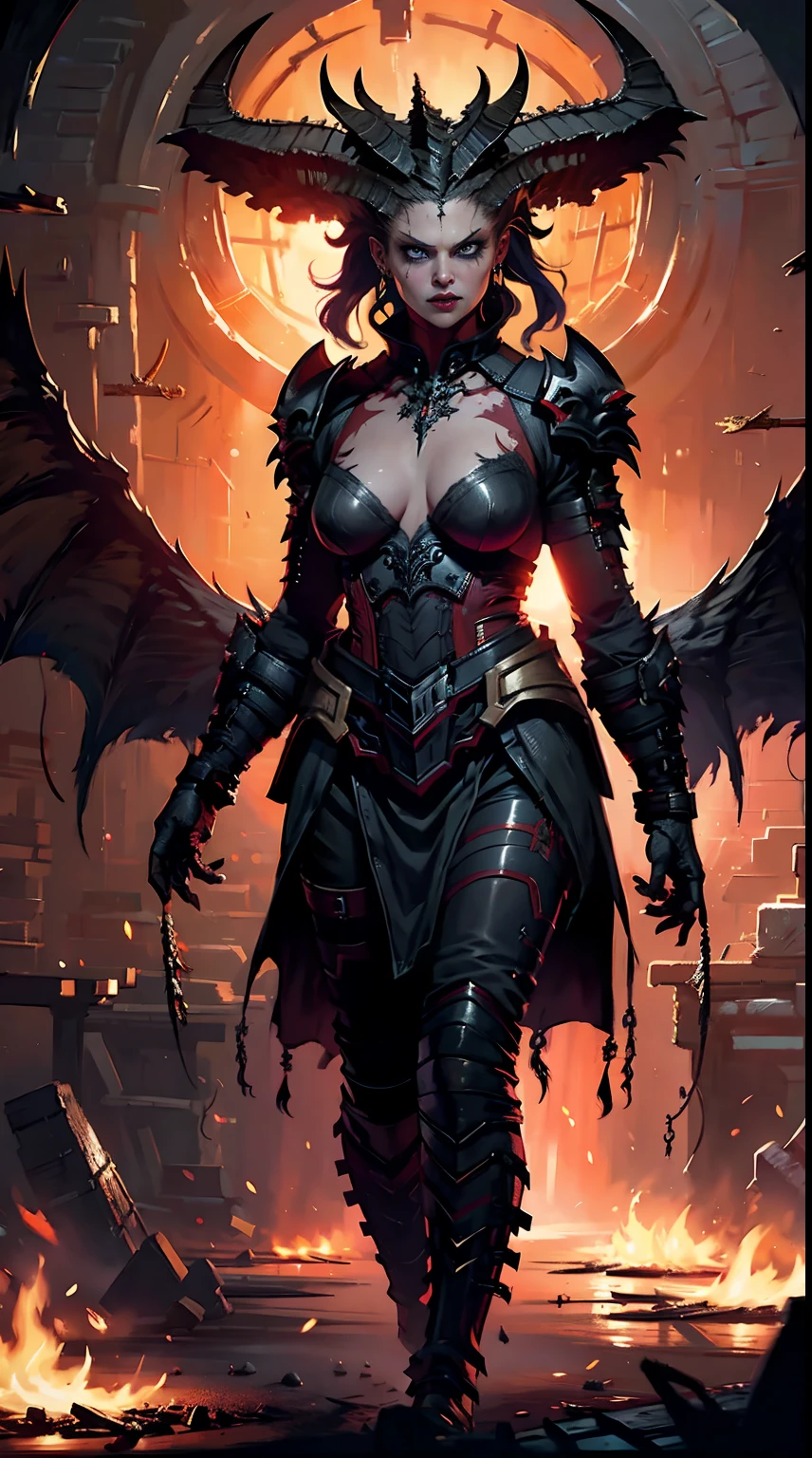 Lilith inside a church, fire, lightning, blood, full body, in the style of D14bl0, (best quality, 4k, 8k, highres, masterpiece:1.2), ultra-detailed, (realistic, photorealistic, photo-realistic:1.37), HDR, UHD, studio lighting, ultra-fine painting, sharp focus, physically-based rendering, extreme detail description, professional, vivid colors, bokeh, portraits, landscape, horror, anime, sci-fi, photography, concept artists, vibrant colors, warm color tone, dramatic lighting.