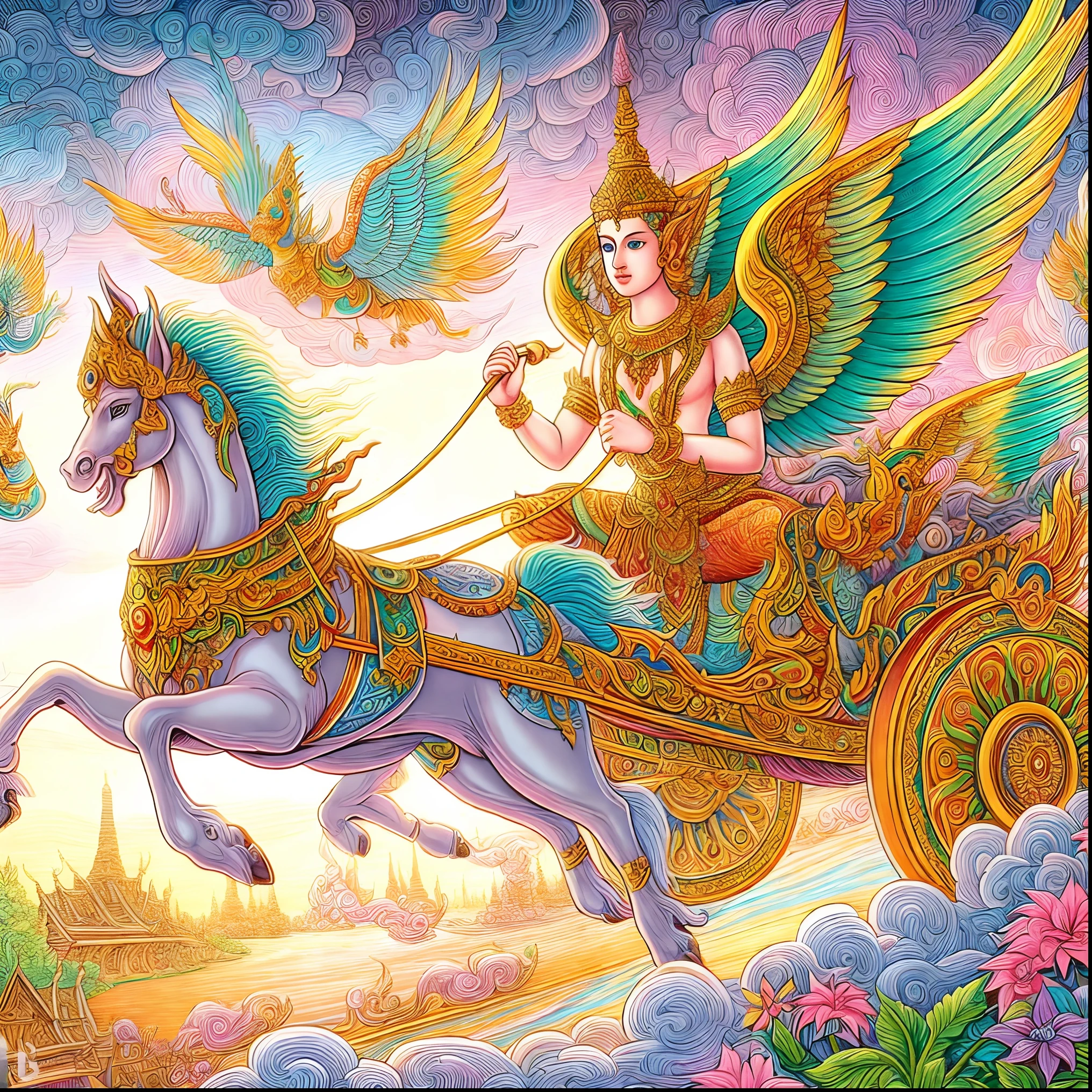 painting of a woman riding a horse with a winged chariot, beautiful godrays, woman riding a flying unicorn, thailand art, by Caroline Chariot-Dayez, chariot, goddess of travel, goddess of love and peace, mythological painting, mystical atlantean valkyrie, very colorful heavenly, pegasus, inspired by Caroline Chariot-Dayez, tarot card the chariot