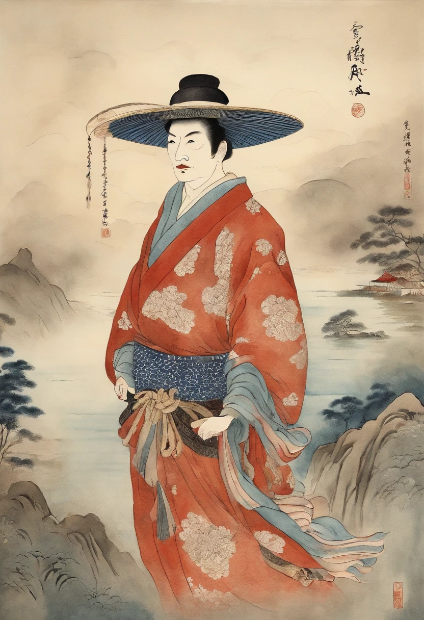 Best Quality, style of hokusai, ukiyoe painting, male people,Luffy,Kabuki Costume