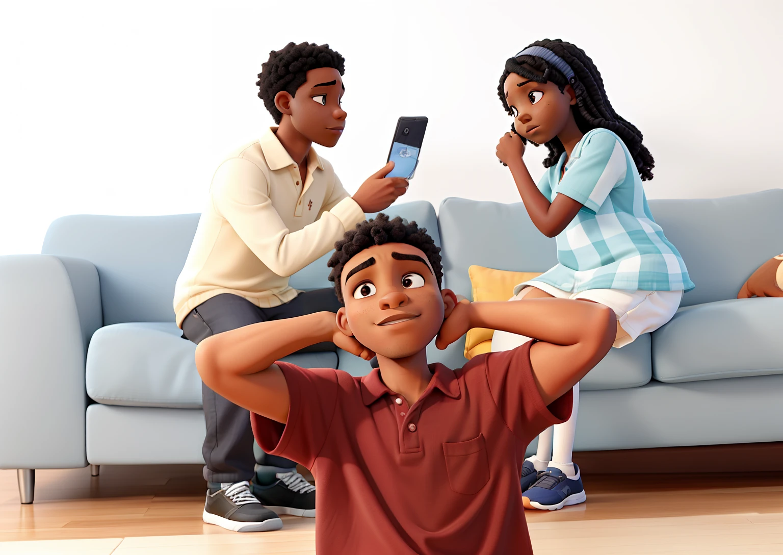 In the background a black couple on the couch fighting, And in front of him a black looking at the camera