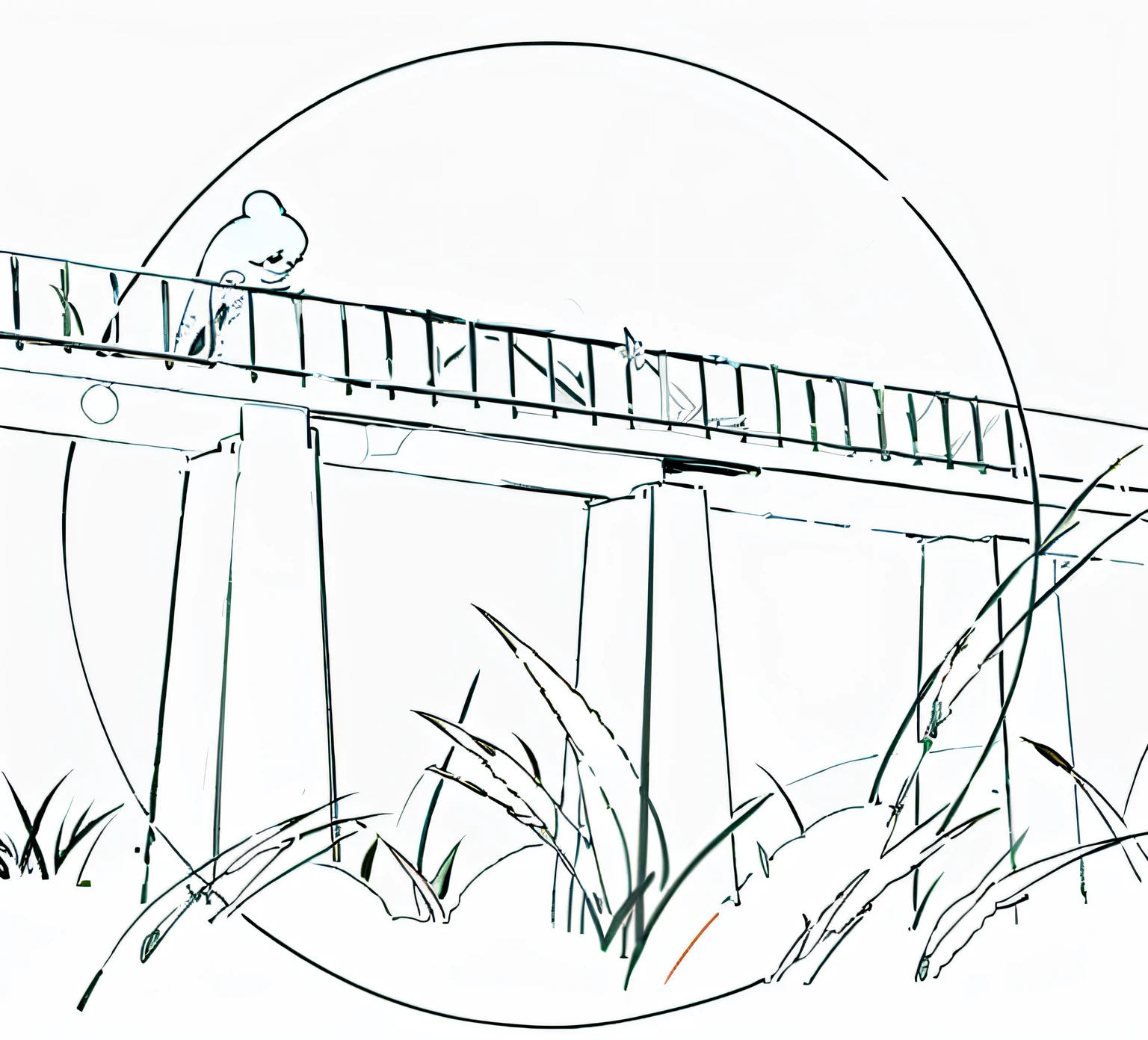 grassy,In the foreground is some chinchilla grass。There is a bridge above, colouring - in sheet,, line art colouring page, single line drawing, dessin au trait, Simple line art, Takahashi,, drawn with a single line, Simple lines of art, circular design