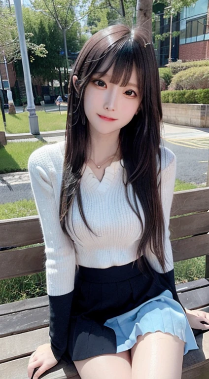 bright expression、photorealisim、top-quality、超A high resolution、a picture、Photos of the most beautiful Nordic girls、Detailed cute and beautiful face、a small face、(pureerosface_v1:0.008)、Beautiful bangs、alice in the wonderland、、(thighs thighs thighs thighs:1.2)、full body Esbian、white shiny skin、a small face、Bangs that extend to the face、bangss、Hair between the eyes、Smooth black hair straight、finer hair、 Clear light blue eyes、(winter school uniform:1.2)、(pleatedskirt:1.2)、eye liner、a park、Sitting on a bench、Double eyelids、ample breasts、Dynamic Pose