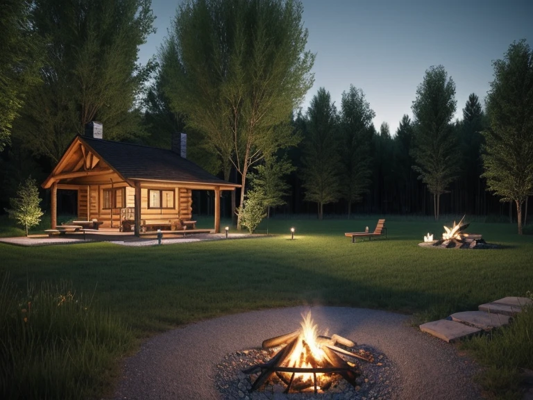 Exterior front lawn, forest, river, willow trees, gravel path, campfire, American cabin in the background, Nighttime, evening light, two-point perspective, human perspective, realistic, photographic, rendering, masterpiece, high quality, ultra-detailed, 4K