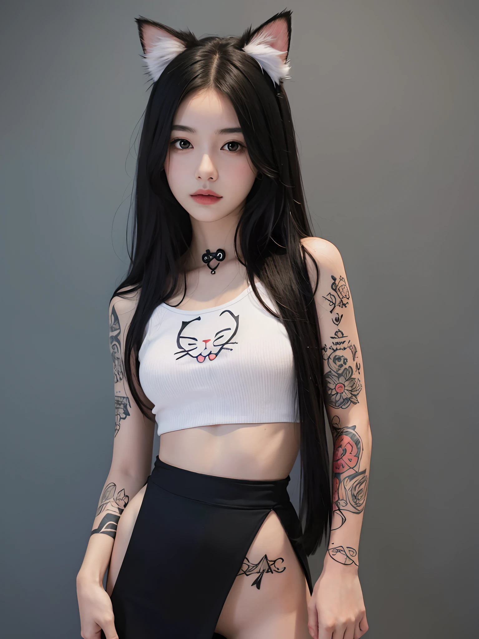 Half human, cat girl, young, tattoo, black hair