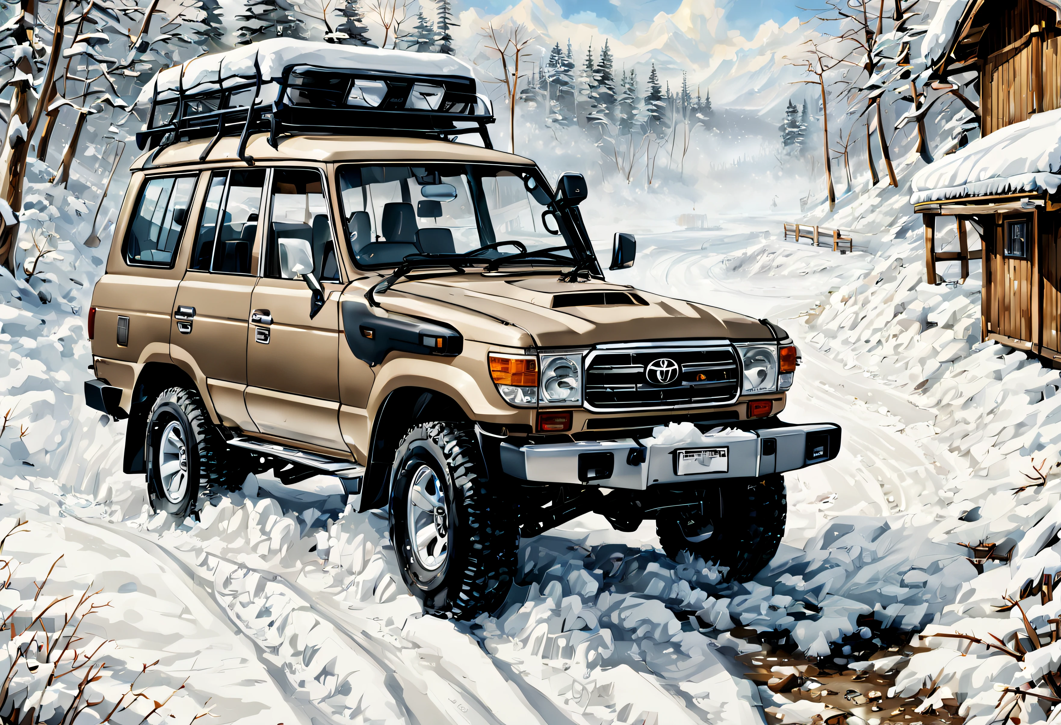 Toyota Land Cruiser, roule sur la neige, style dessin manga, Realstic, Distant view