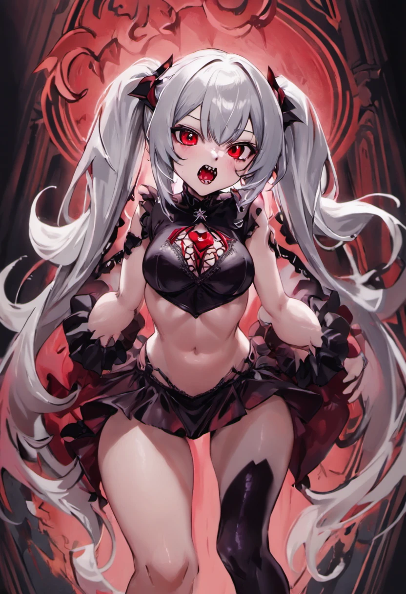 (Silver hair: 1.3), (Twin tails), (Red eyes: 1.3), (Vampire fangs: 1.3), (Very cute and beautiful naughty girl: 1.3), Gorgeous and detailed background, HENTAI illustrations, A devilish beautiful girl, overwhelmingly erotic,
BREAK,
Beautiful illustrations, highest quality, (cute female student: 1.3, white: 1.3), masterpiece, (glossy skin, shiny skin, shiny skin, bright eyes) ((blush)),
BREAK,
(Red eyes: 1.5, White skin: 1.1), (Beautiful, 14 years old: 1.5), Slim, Slender, (Small breasts), (Beautiful face: 1.3), (Ash hair: 1.3) ), (White hair: 1.3) , (Silver hair: 1.3),
BREAK,
(Elegant black full lace gothic dress), (Latex corset), (Black latex stockings), (Knee high, stilettos over boots), (Very detailed clothes),
BREAK,
(Pose that emphasizes buttocks: 1.4), Temptation, Extremely lewd girl, Bitch, JIRAIKEI, Beautiful thighs, (Provocative expression), (Viewer: 1.3), (Immorality: 1.5), (NSFW), Fantasy, Glossy skin, mid-journey, anime, butt focus,
Arms behind, arms above head, beautiful thighs, (provocative expression), (looking straight at the viewer), (viewer: 1.3), (upper body: 1.3), angle from above, Simple black background, (((immoral:1.5))), (SFW), fantasy