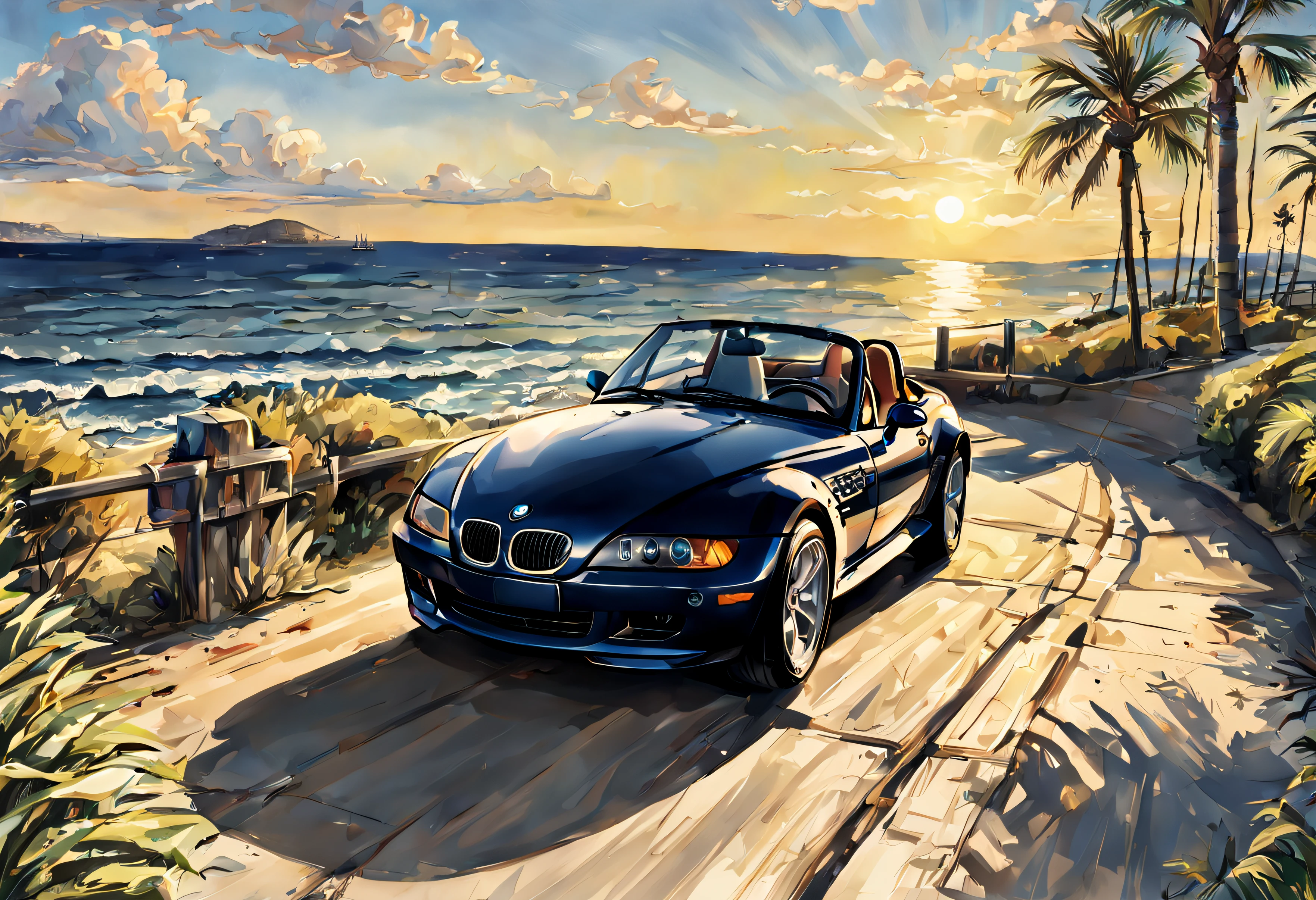 Bmw Z3, roule en bord de mer, avec du soleil, style dessin manga, Realstic, Distant view