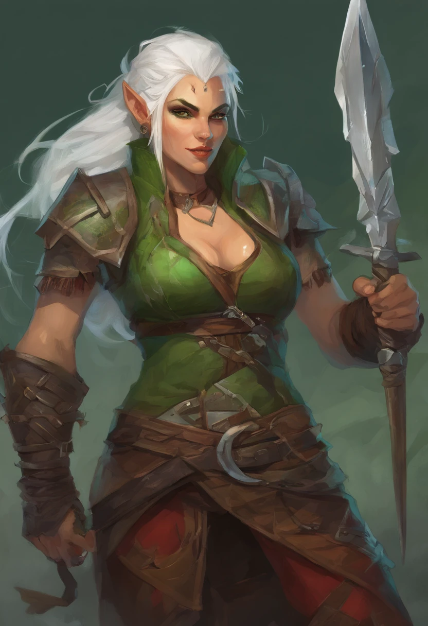 half orc, green skin, female, fantasy look, rpg character, medieval fantasy, white hair, red eyes, 1.90 height, muscolar, half-body shot, scars, ((mohawk hairstyle)), black boots, fullbody ((fullbody)), muscolar body, blacksmith apron, ((black fantasy outfits)), ((deep green skin)), fangs, ((open mouth fangs)), ((high quality)), ((mature half-orc)), ((half-age))