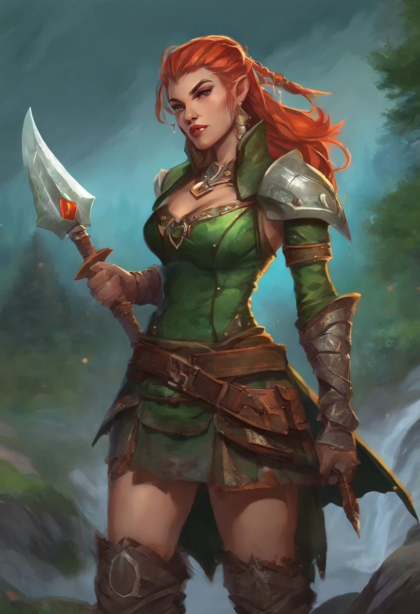 half orc, green skin, female, fantasy look, rpg character, medieval fantasy, white hair, red eyes, 1.90 height, muscolar, half-body shot, scars, ((mohawk hairstyle)), black boots, fullbody ((fullbody)), muscolar body, blacksmith apron, ((black fantasy outfits)), ((deep green skin)), fangs, ((open mouth fangs)), ((high quality)), ((mature half-orc)), ((half-age))