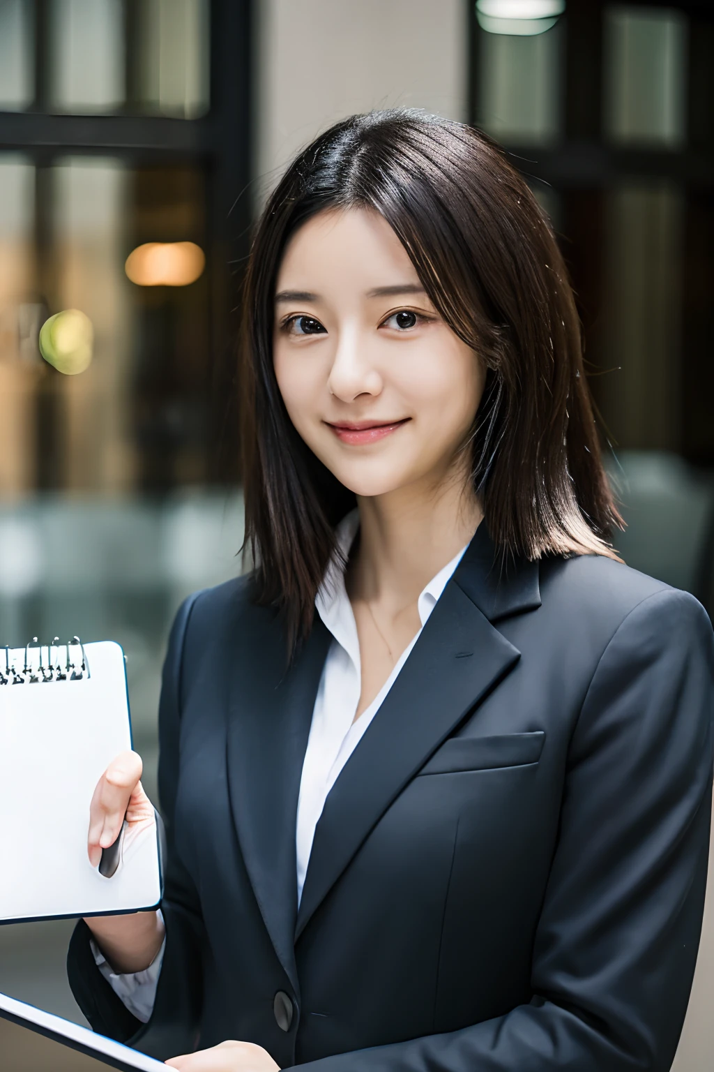 Smiling woman in business suit with blue folder in hand, Woman in business suit, Wearing a business suit, Woman with black straight hair、Girl in suit, wearing a business suit, Girl in a suit, young business woman, businesswoman, professional portrait, female lawyer, elegant japanese woman, holding notebook, mid shot portrait, in a business suit, mid body portrait