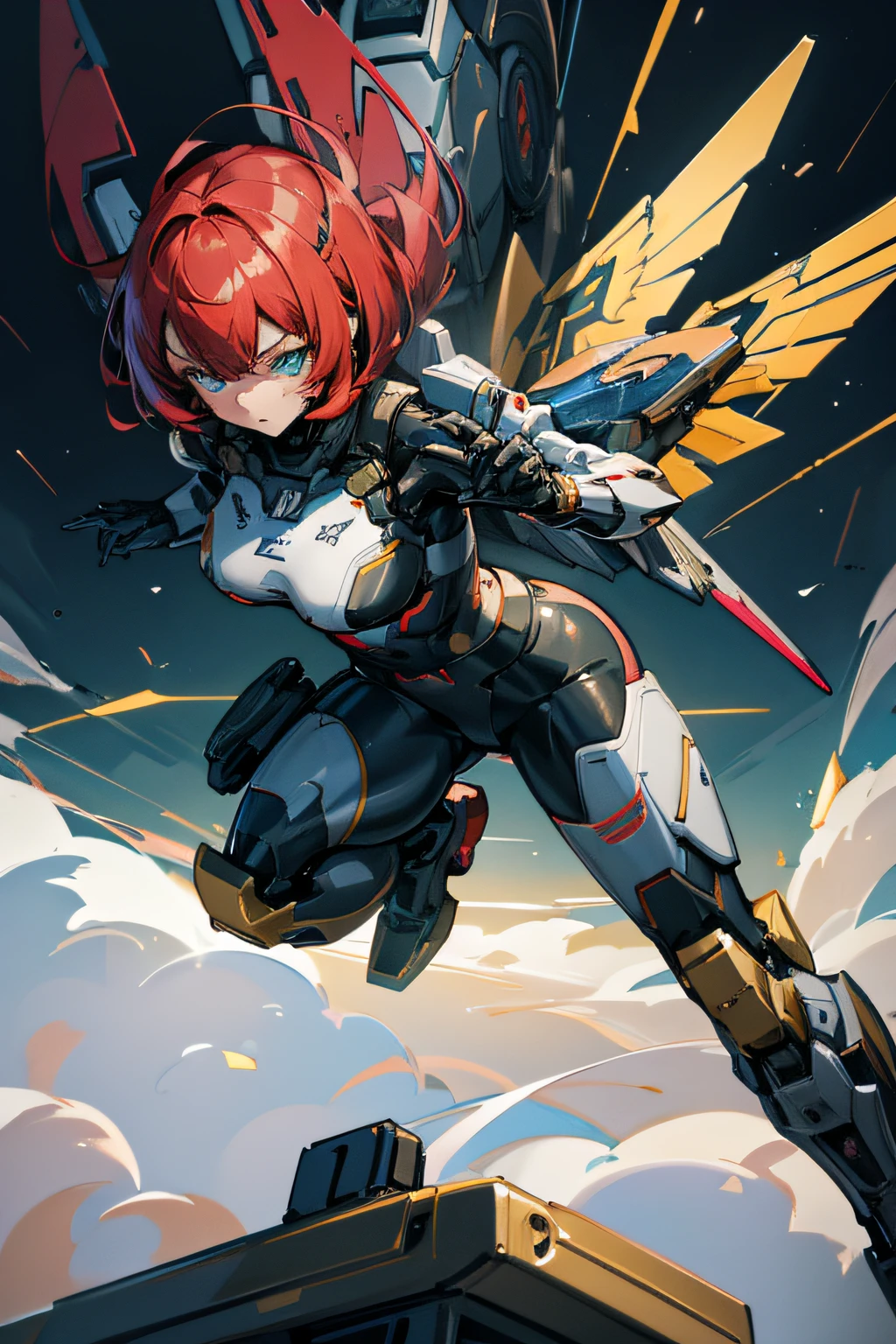 top-quality、masutepiece、4K、ighly detailed、A woman in a cyber suit riding a flying mecha almost collides with a high school boy