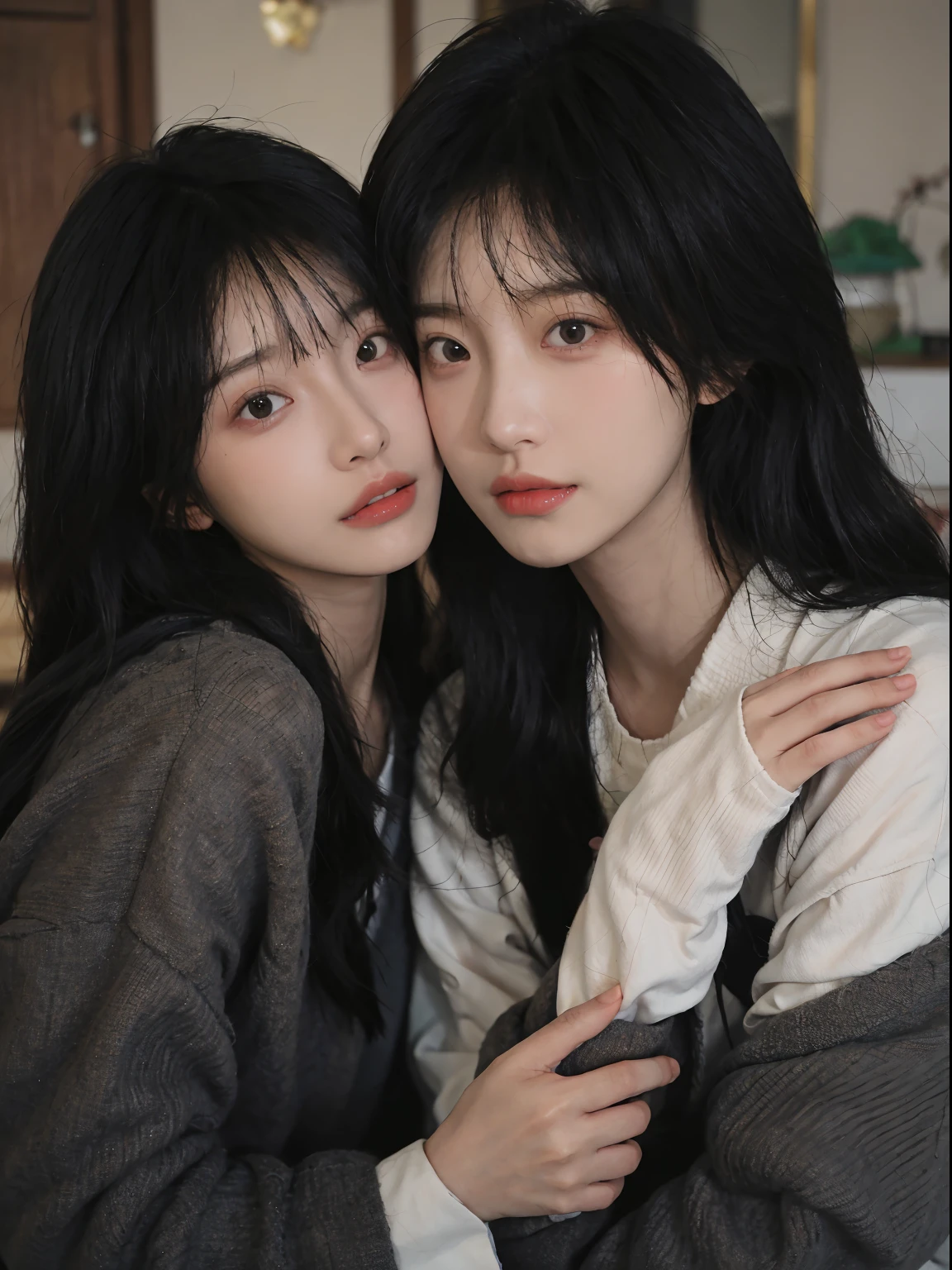 best qualtiy， 超高分辨率， （realisticlying：1.4）， A woman with long black hair and a gray sweater, 中景 the scene is, She has black hair，By bangs, young lovely Korean faces, wan adorable korean face, ulzzangs, Shin Jinying, beautiful aesthetic face, Korean face features, Played by Liu Lee Ji Eun ，Beautiful realistic face