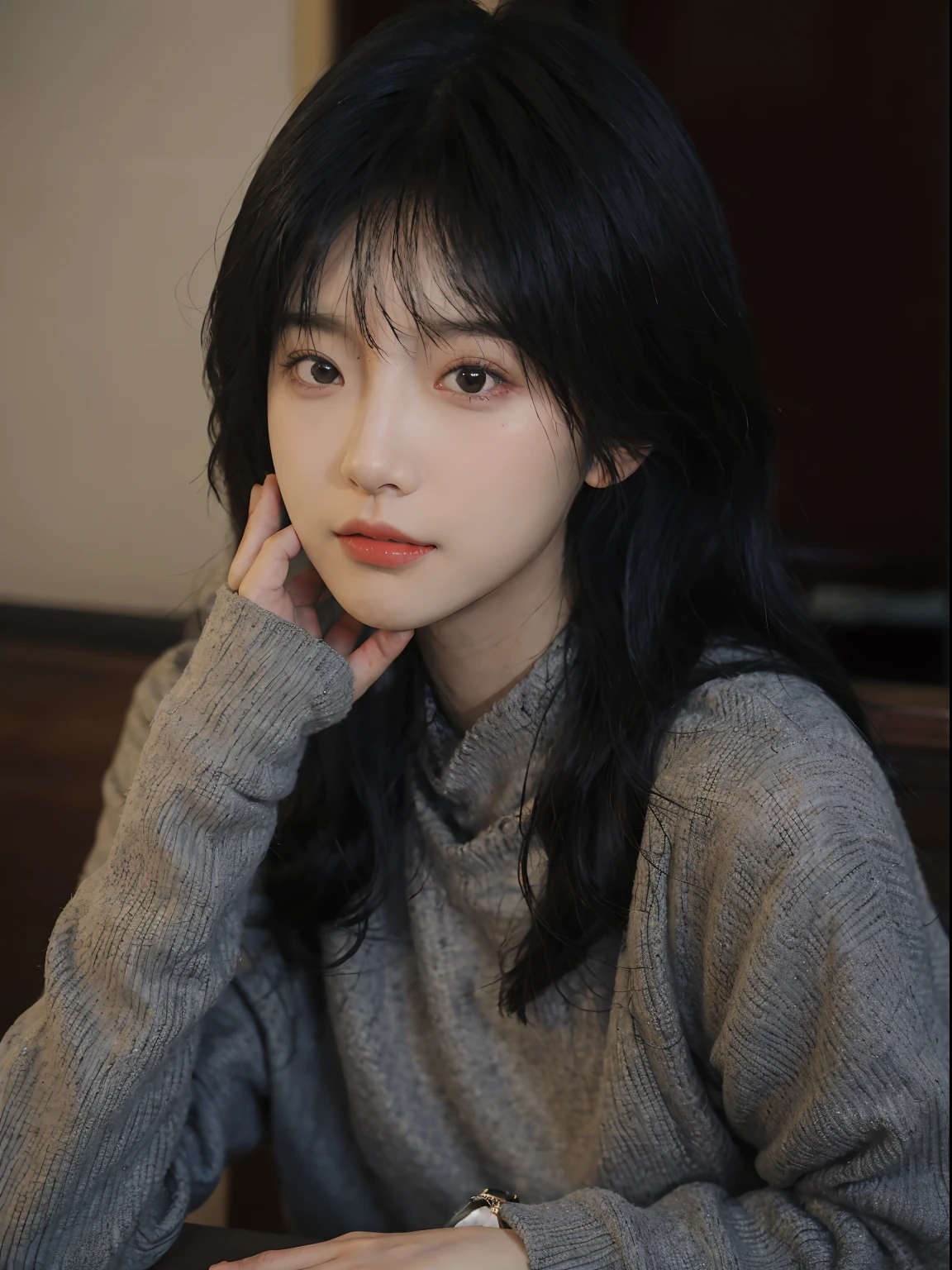 best qualtiy, 超高分辨率, (realisticlying:1.4), A woman with long black hair and a gray sweater, 中景 the scene is, She has black hair,By bangs, young lovely Korean faces, wan adorable korean face, ulzzangs, Shin Jinying, beautiful aesthetic face, Korean face features, Played by Liu Lee Ji Eun ,Beautiful realistic face