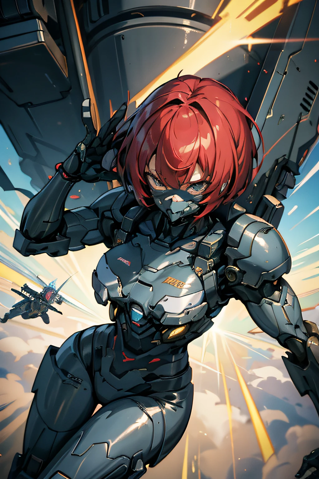 top-quality、masutepiece、4K、ighly detailed、A woman in a cyber suit riding a flying mecha almost collides with a high school boy