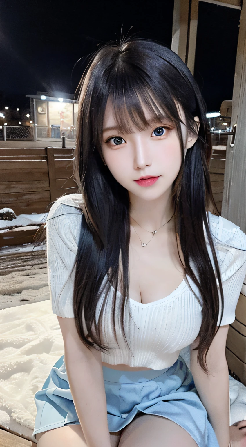 bright expression、photorealisim、top-quality、超A high resolution、a picture、Photos of the most beautiful Nordic girls、Detailed cute and beautiful face、a small face、(pureerosface_v1:0.008)、Beautiful bangs、alice in the wonderland、、(thighs thighs thighs thighs:1.2)、full body Esbian、Glowing white shiny skin、a small face、Bangs that extend to the face、bangss、Hair between the eyes、Silky hair of attractive black color、finer hair、 Clear light blue eyes shine attractively、(winter school uniform:1.2)、(pleatedskirt:1.2)、eye liner、a park、Sitting on a bench、Double eyelids、ample breasts、Dynamic Pose