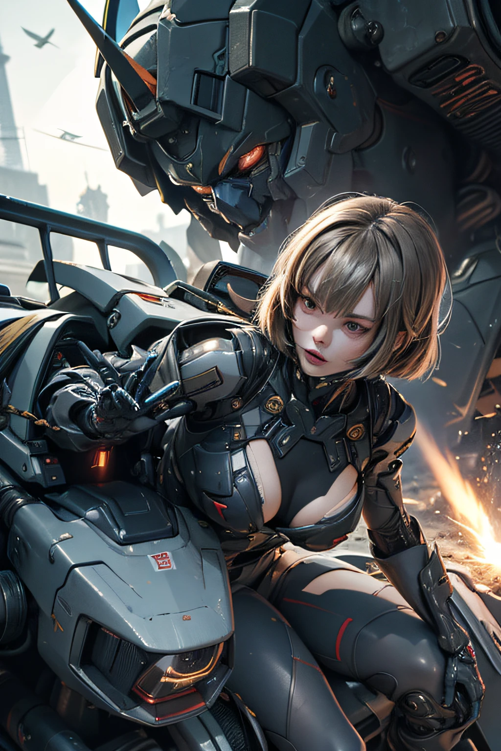 top-quality、masutepiece、4K、ighly detailed、A woman in a cyber suit on a flying mecha almost collides with a high school boy