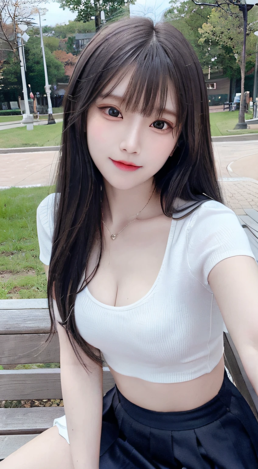bright expression、photorealisim、top-quality、超A high resolution、a picture、Photos of the most beautiful Nordic girls、Detailed cute and beautiful face、a small face、(pureerosface_v1:0.008)、Beautiful bangs、alice in the wonderland、、(thighs thighs thighs thighs:1.2)、full body Esbian、Glowing white shiny skin、a small face、Bangs that extend to the face、bangss、Hair between the eyes、Silky hair of attractive black color、finer hair、 Clear light blue eyes shine attractively、(winter school uniform:1.2)、(pleatedskirt:1.2)、eye liner、a park、Sitting on a bench、Double eyelids、ample breasts、Dynamic Pose