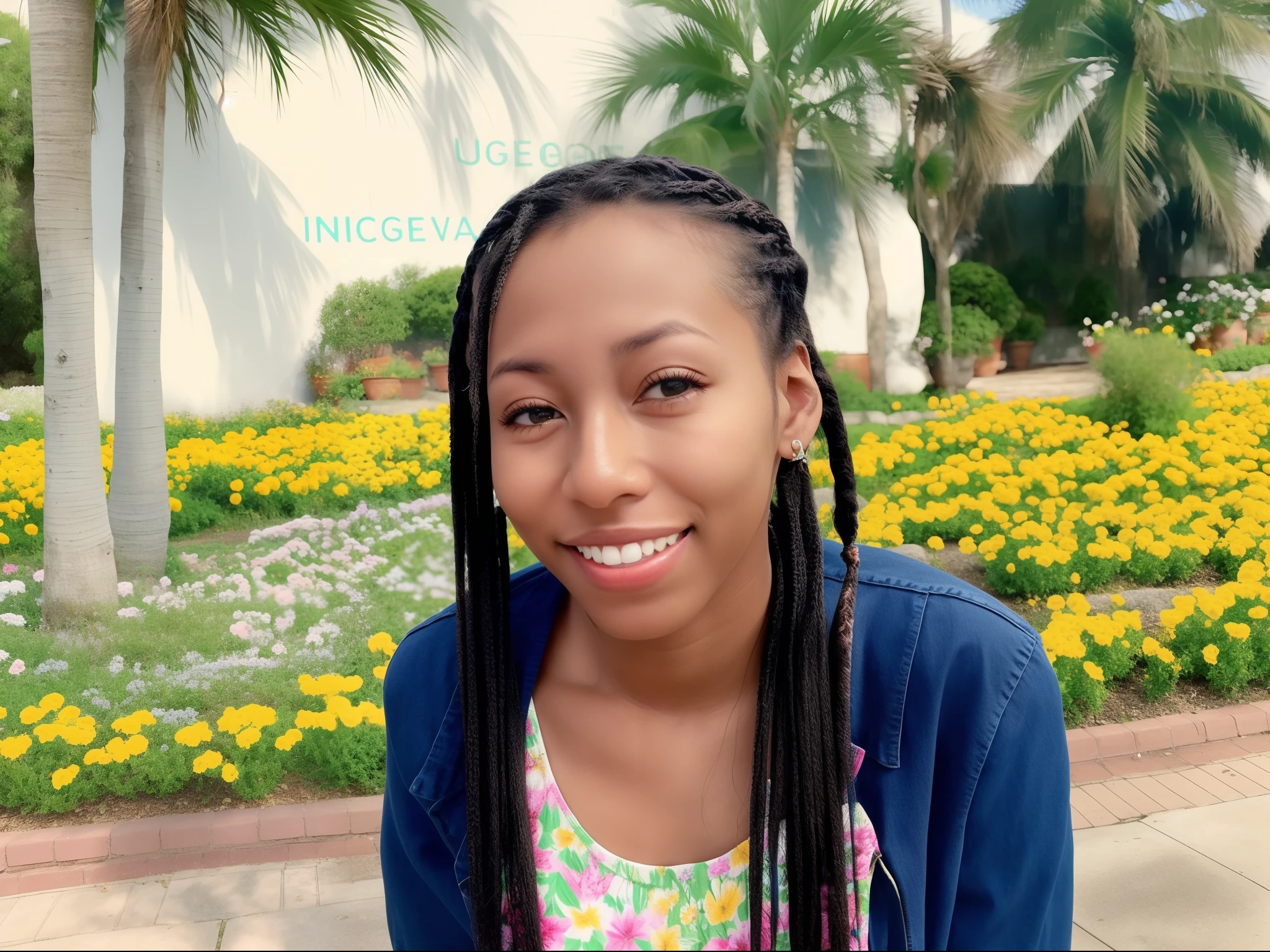Smiling woman with pigtails in front of a flower garden, Laura Zalenga, Directed by: Chinwe Chukwuogo-Roy, Anos Imane, inspirado em Chinwe Chukwuogo-Roy, por Ingrida Juniper, por Ella Guru, Hannah Yata, jovem mulher negra, Beautiful, em um dia brilhante, amazing beauty, visual deslumbrante