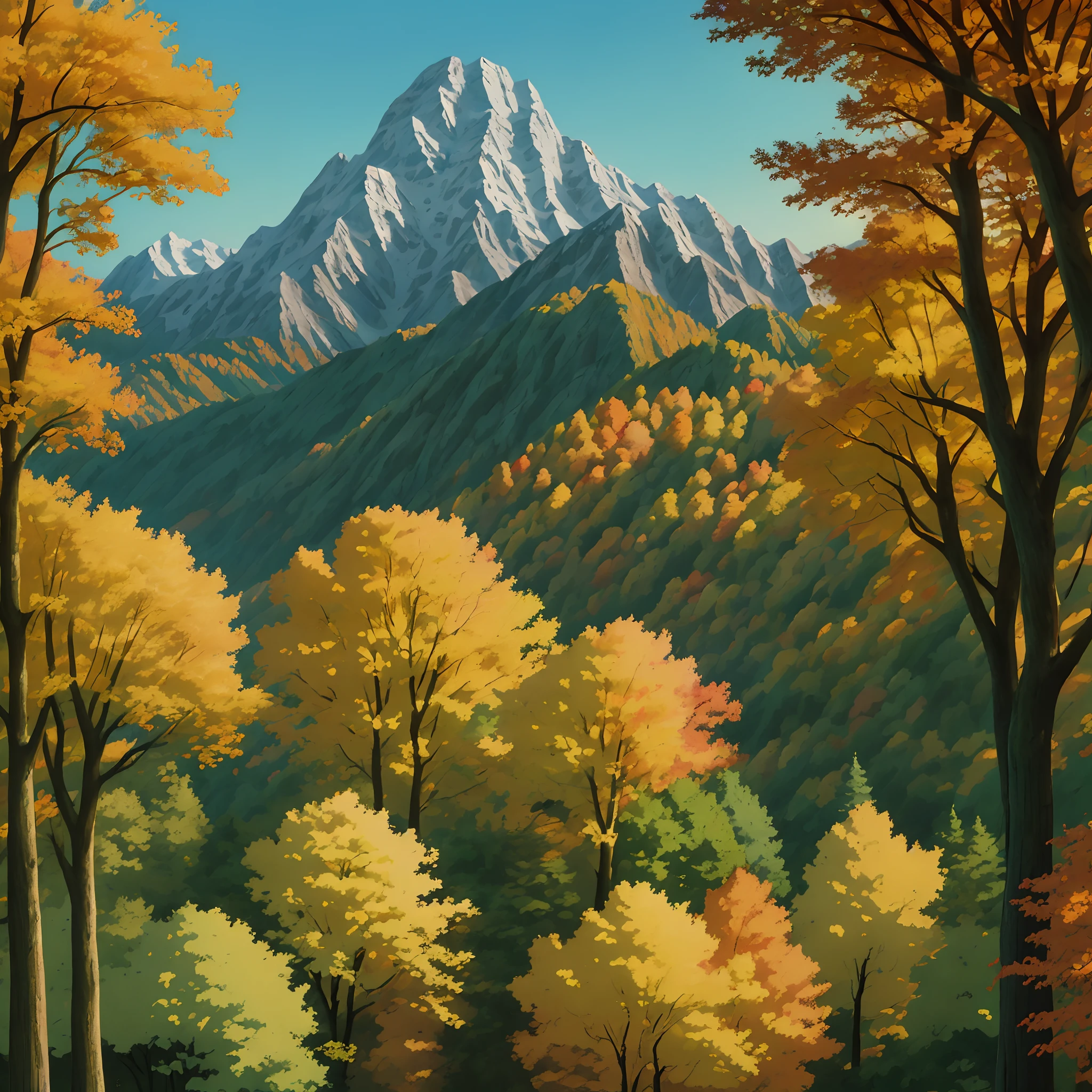 forest and montain in autumn background in anime art style
